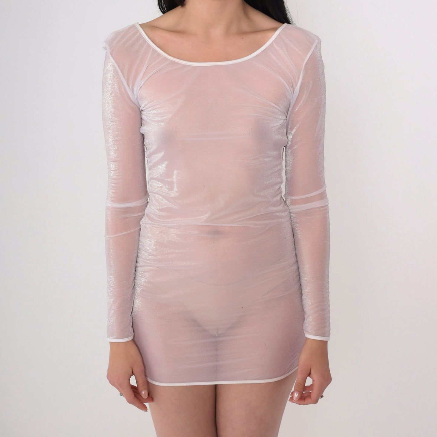 90s Sheer Iridescent White Bodycon Mini Dress Long Sleeve Open Back Small