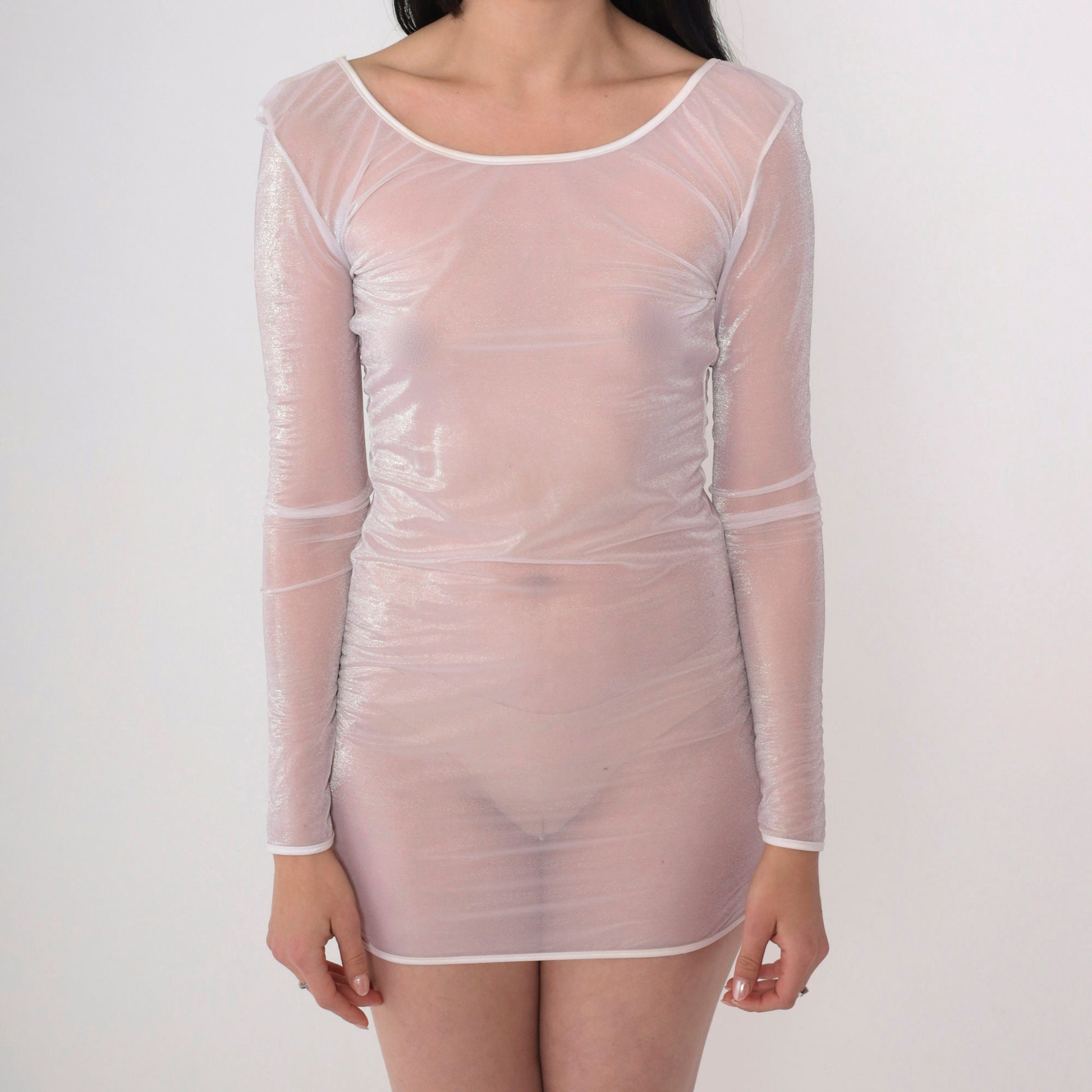 90s Sheer Iridescent White Bodycon Mini Dress Long Sleeve Open Back Small