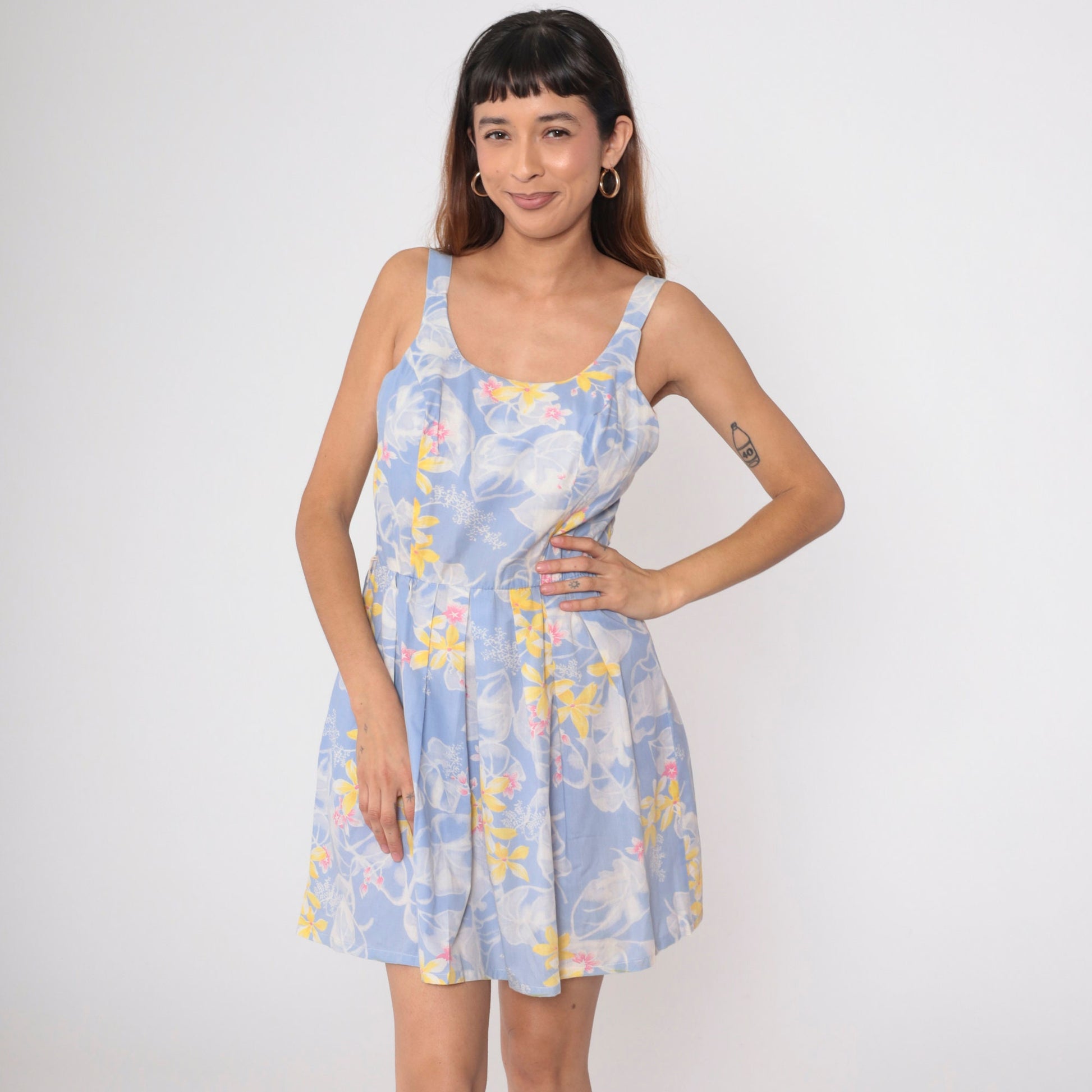 70s Periwinkle Floral Mini Sundress Smocked Tank High Waist Pleated Medium Large