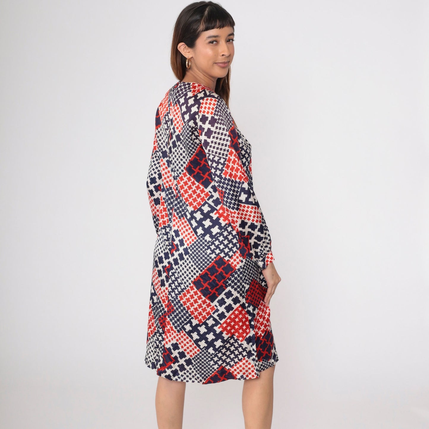 60s Mod Shift Dress Patchwork Houndstooth Red White Blue Small