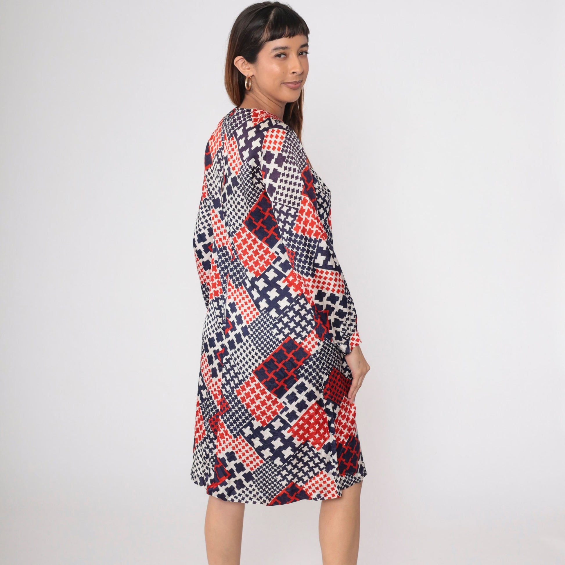 60s Mod Shift Dress Patchwork Houndstooth Red White Blue Small