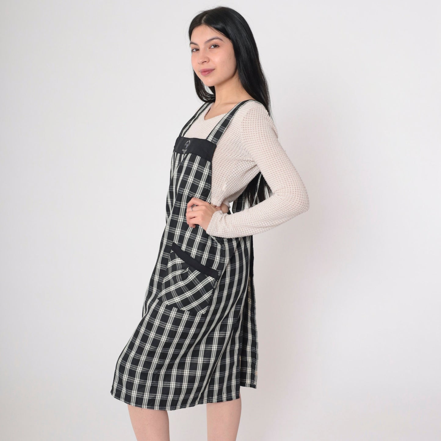 Y2K Santa Barbara Polo Plaid Apron Dress Black White Checkered Mini Open Back Small