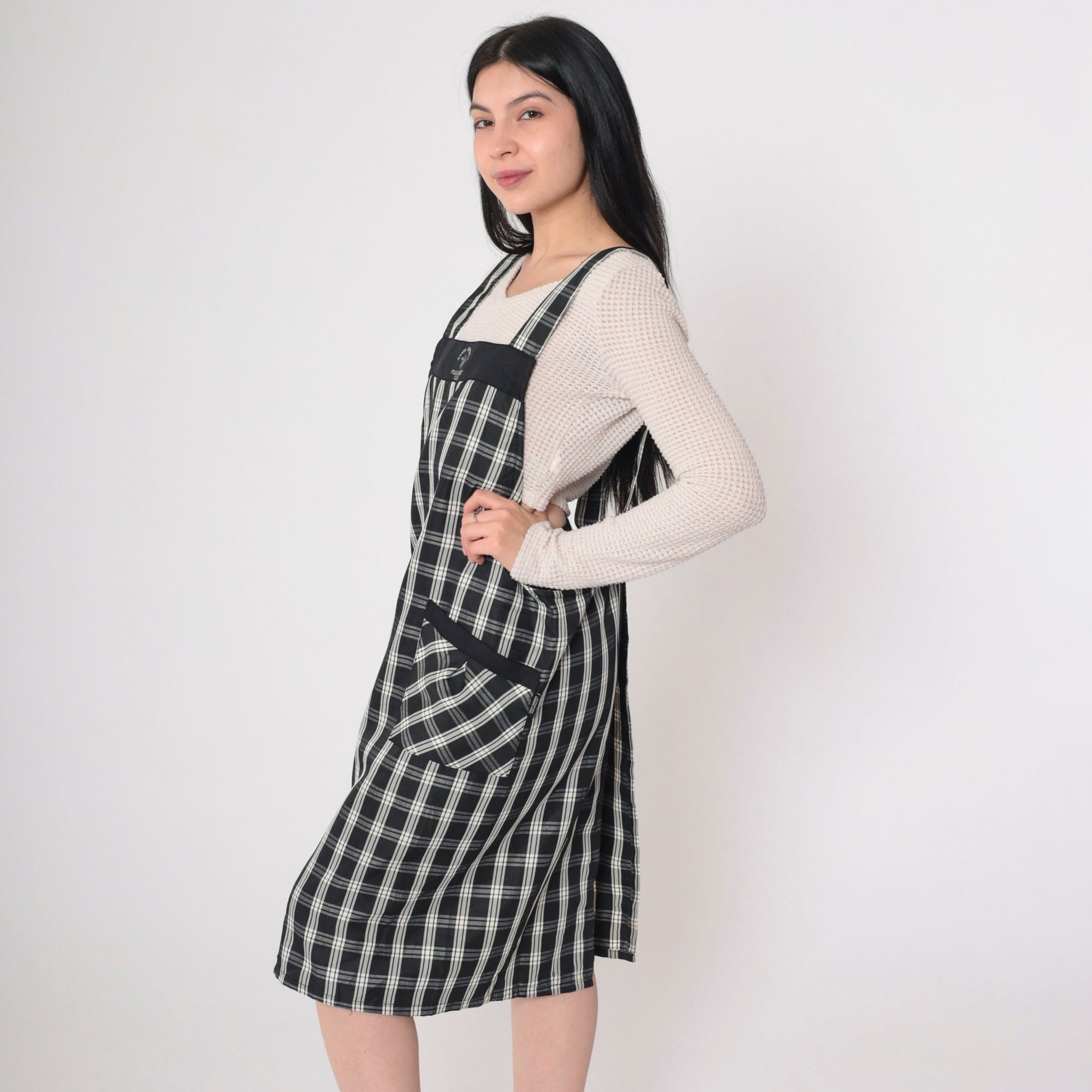 Y2K Santa Barbara Polo Plaid Apron Dress Black White Checkered Mini Open Back Small
