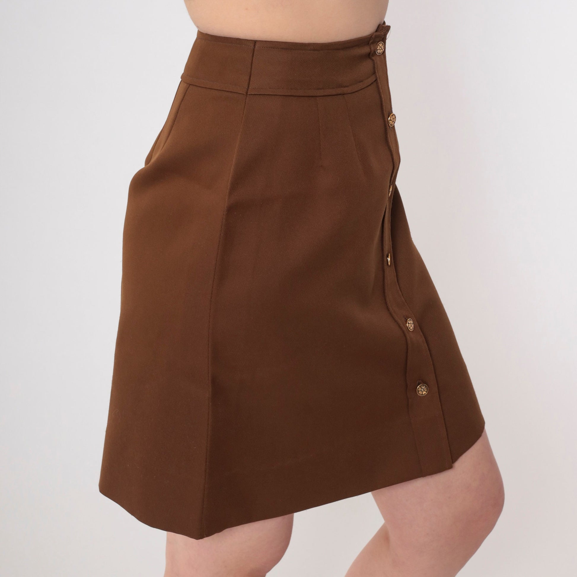 80s Brown Pleated Mini Skirt High Waist Button Front Extra Small