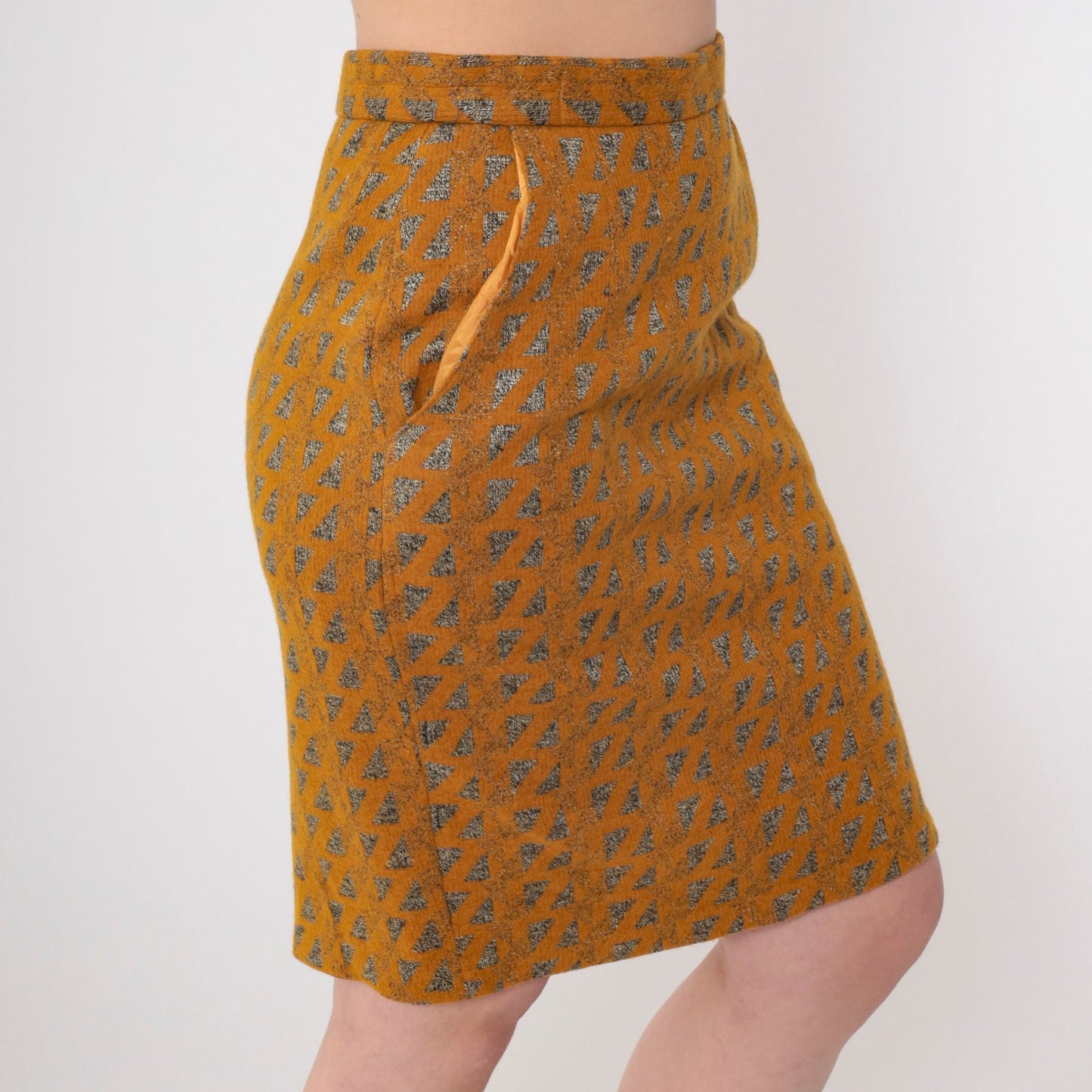80s Orange Metallic Triangle Wool Blend Mini Pencil Skirt High Waist Small