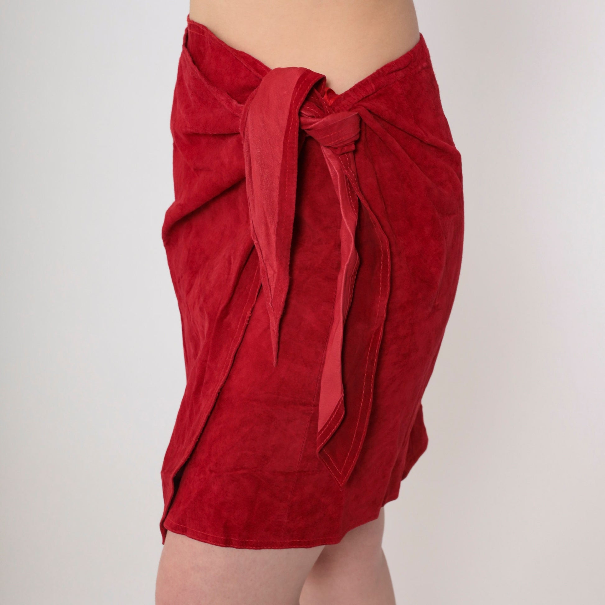 80s Red Suede Wrap Mini Skirt High Waisted Leather Small Medium
