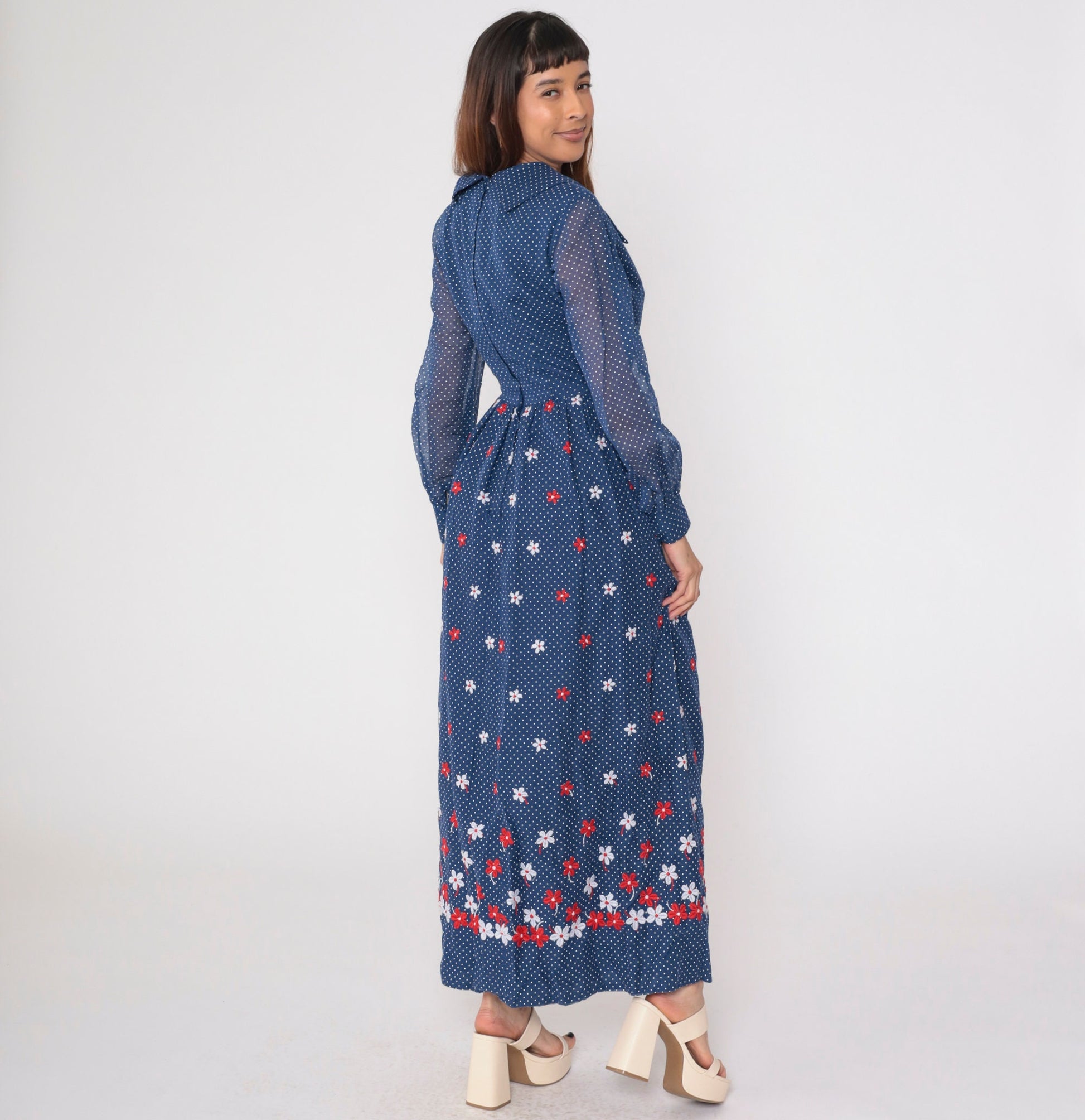70s Blue Polka Dot Maxi Dress Floral Embroidered High Waist Sheer Sleeve Small