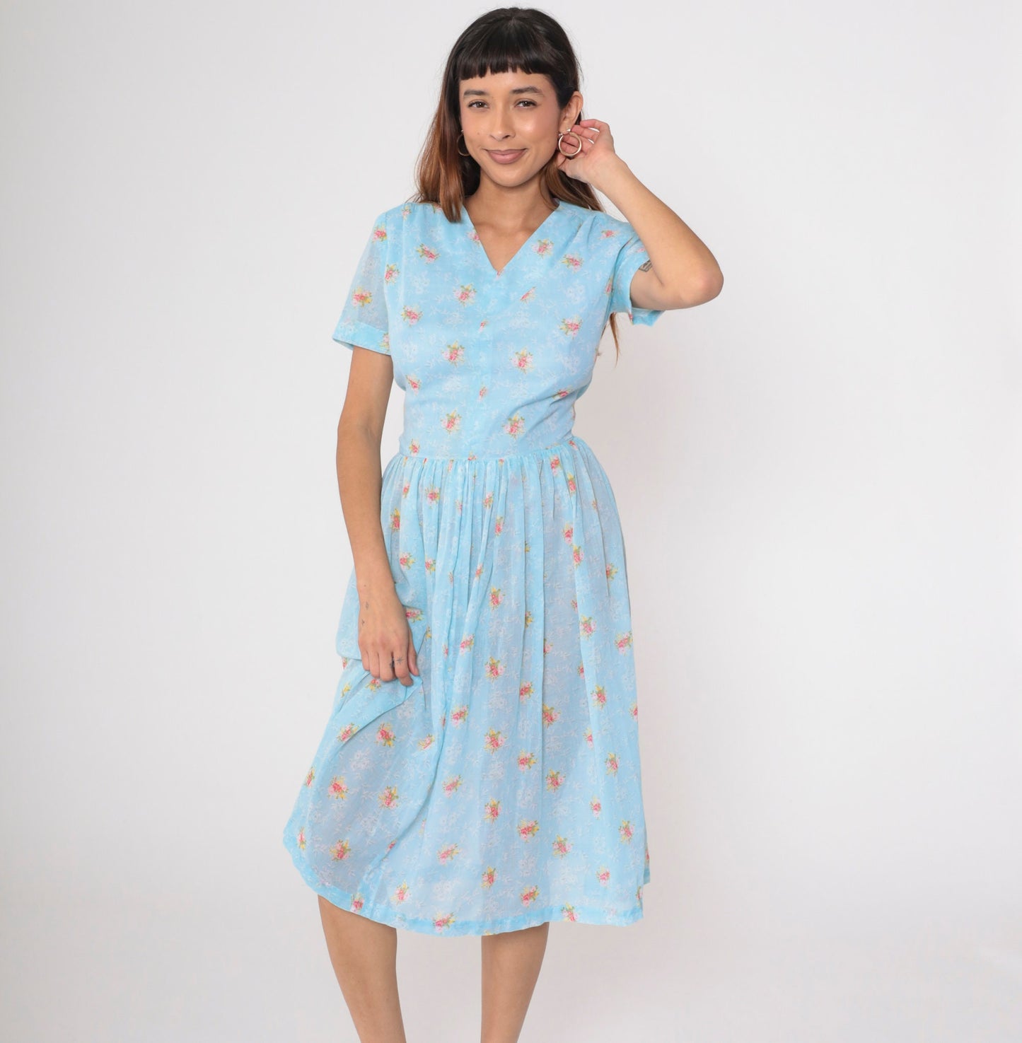 60s Blue Floral Midi Dress High Waisted V Neck Fit and Flare Small
