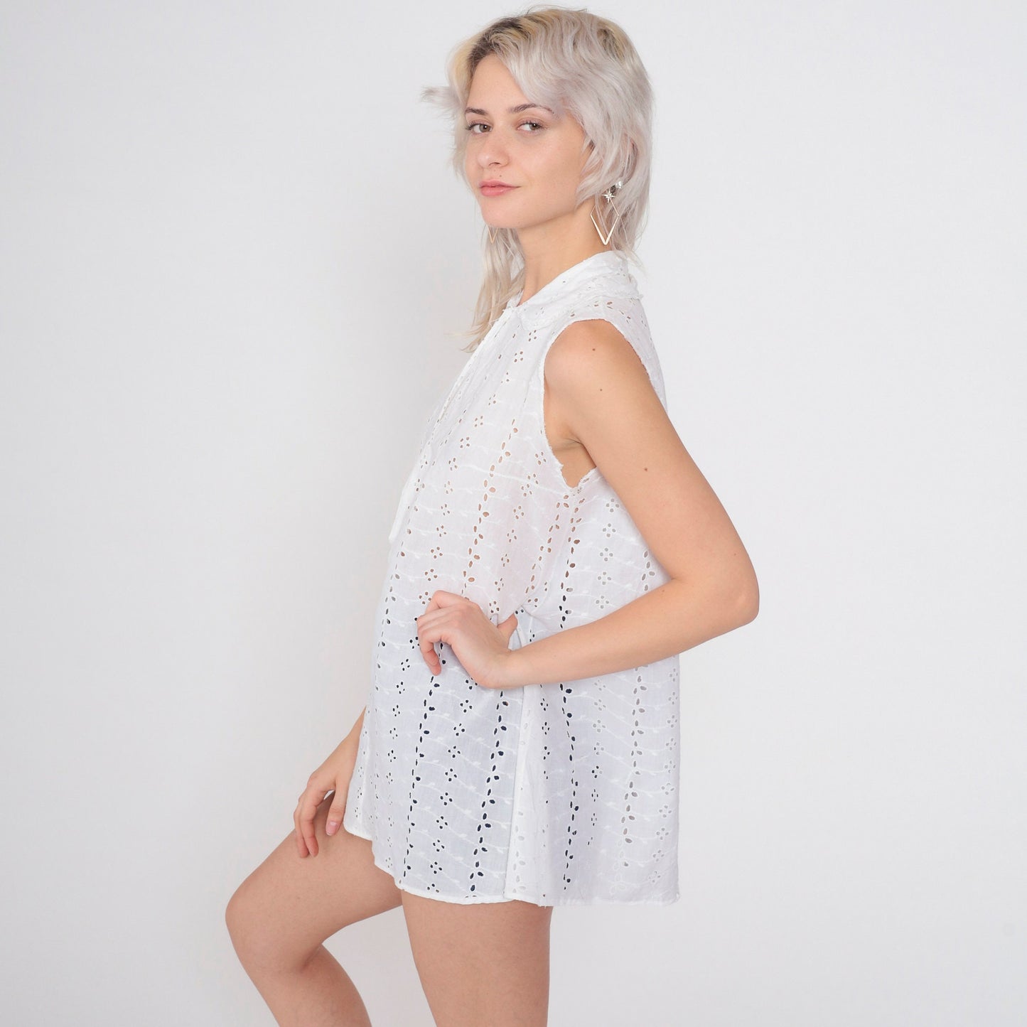 80s Charmode White Eyelet Tank Top Peter Pan Collar Cutout Tunic Extra Small