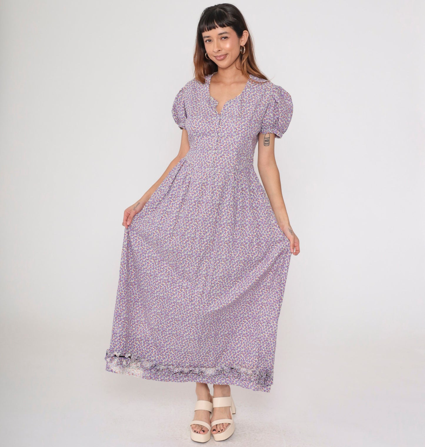 70s Purple Calico Floral Maxi Dress Puff Sleeve Low Waist Medium