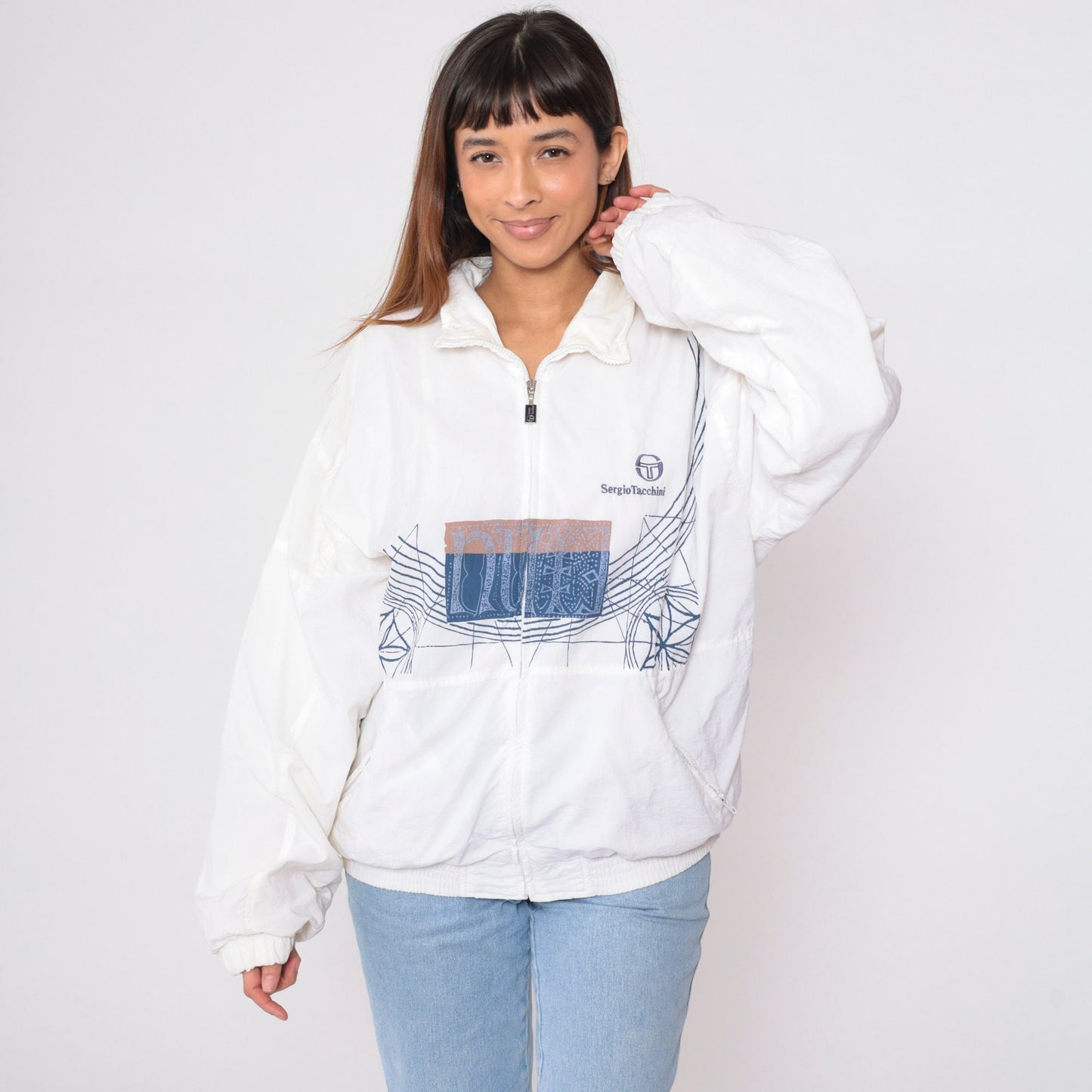 Sergio Tacchini 90s White Geometric Windbreaker Jacket Large L