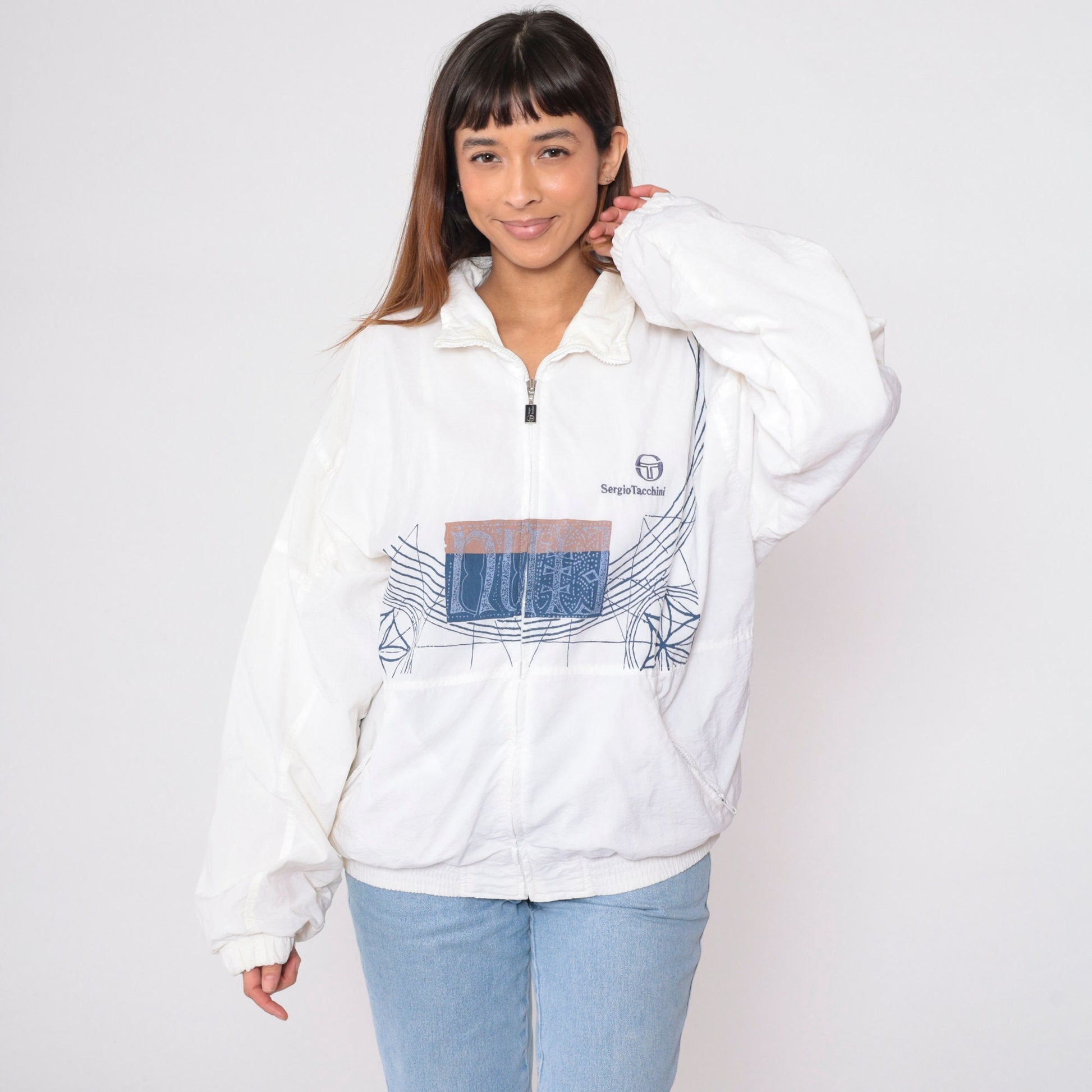 Sergio Tacchini 90s White Geometric Windbreaker Jacket Large L