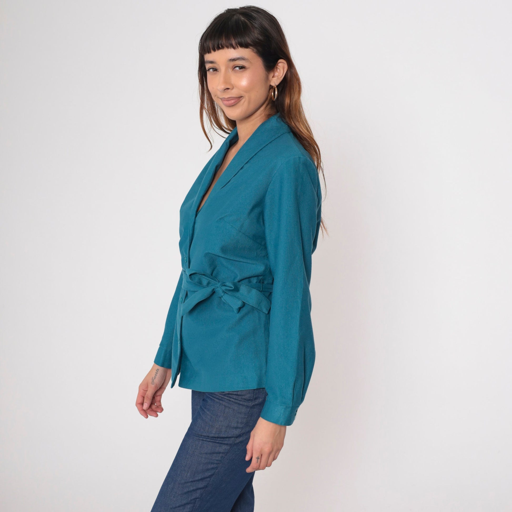 70s Teal Blue Belted Shawl Collar Jacket Ribbed Button Up Medium