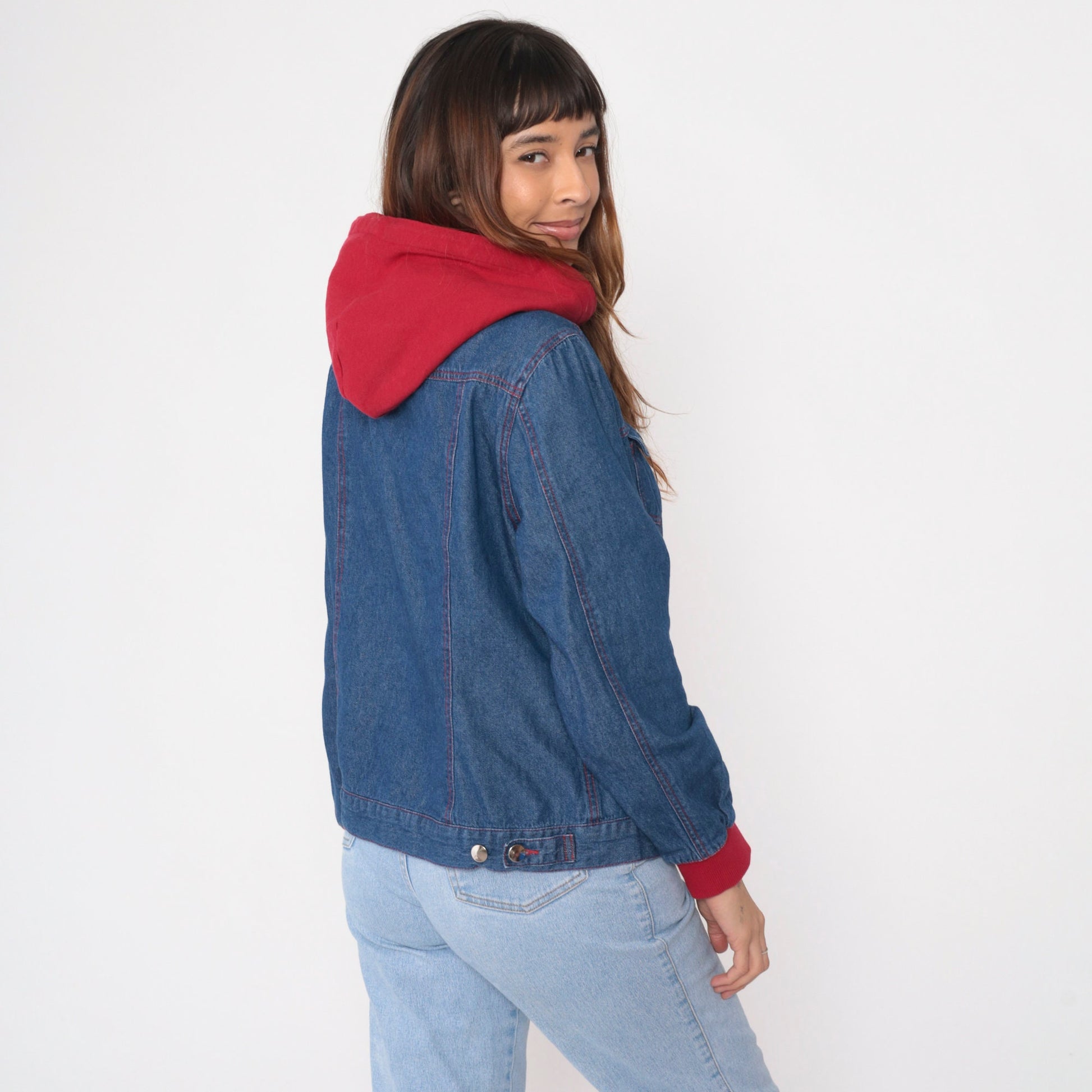 90s Forenza Hooded Denim Jacket Blue Red Sweatshirt Hood Zip Medium