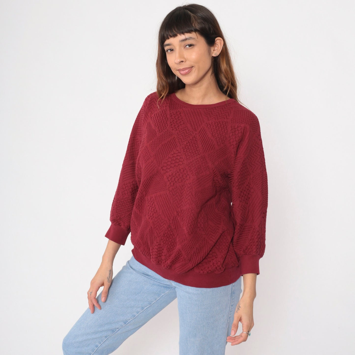 80s Dolman Sleeve Patchwork Top Deep Red Textured Crewneck Extra Large XXL