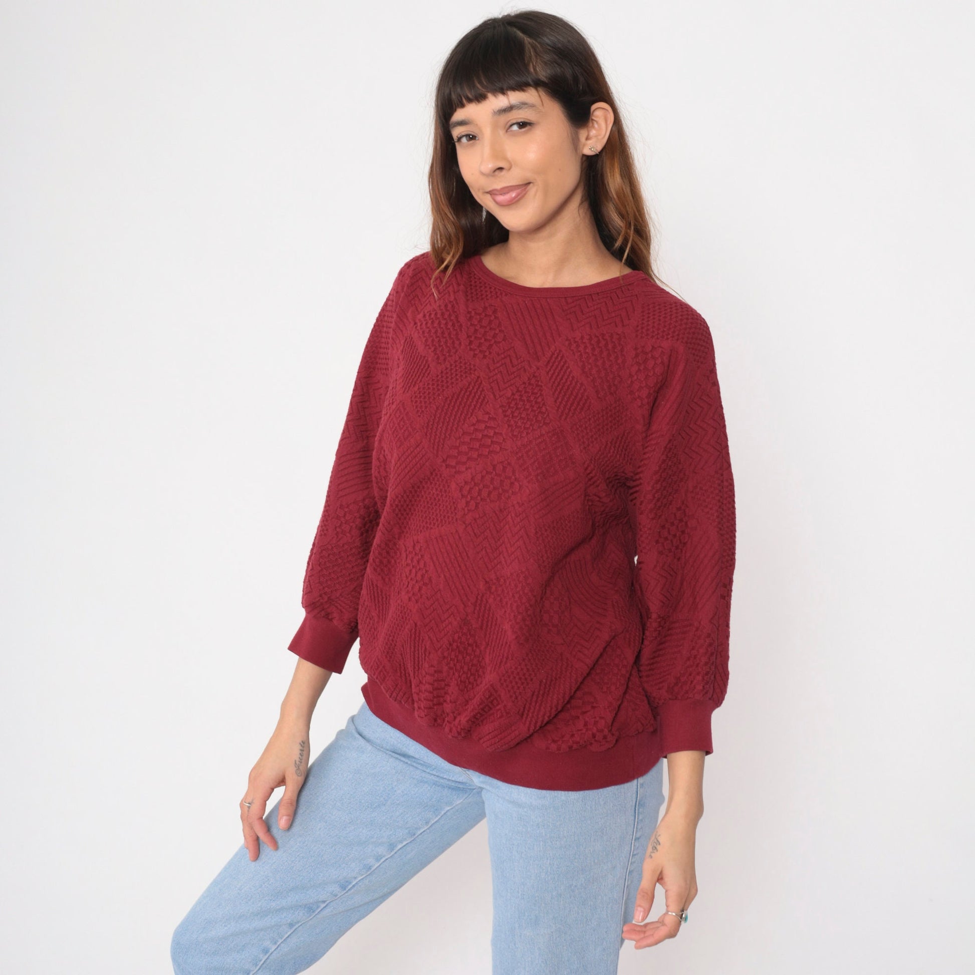 80s Dolman Sleeve Patchwork Top Deep Red Textured Crewneck Extra Large XXL