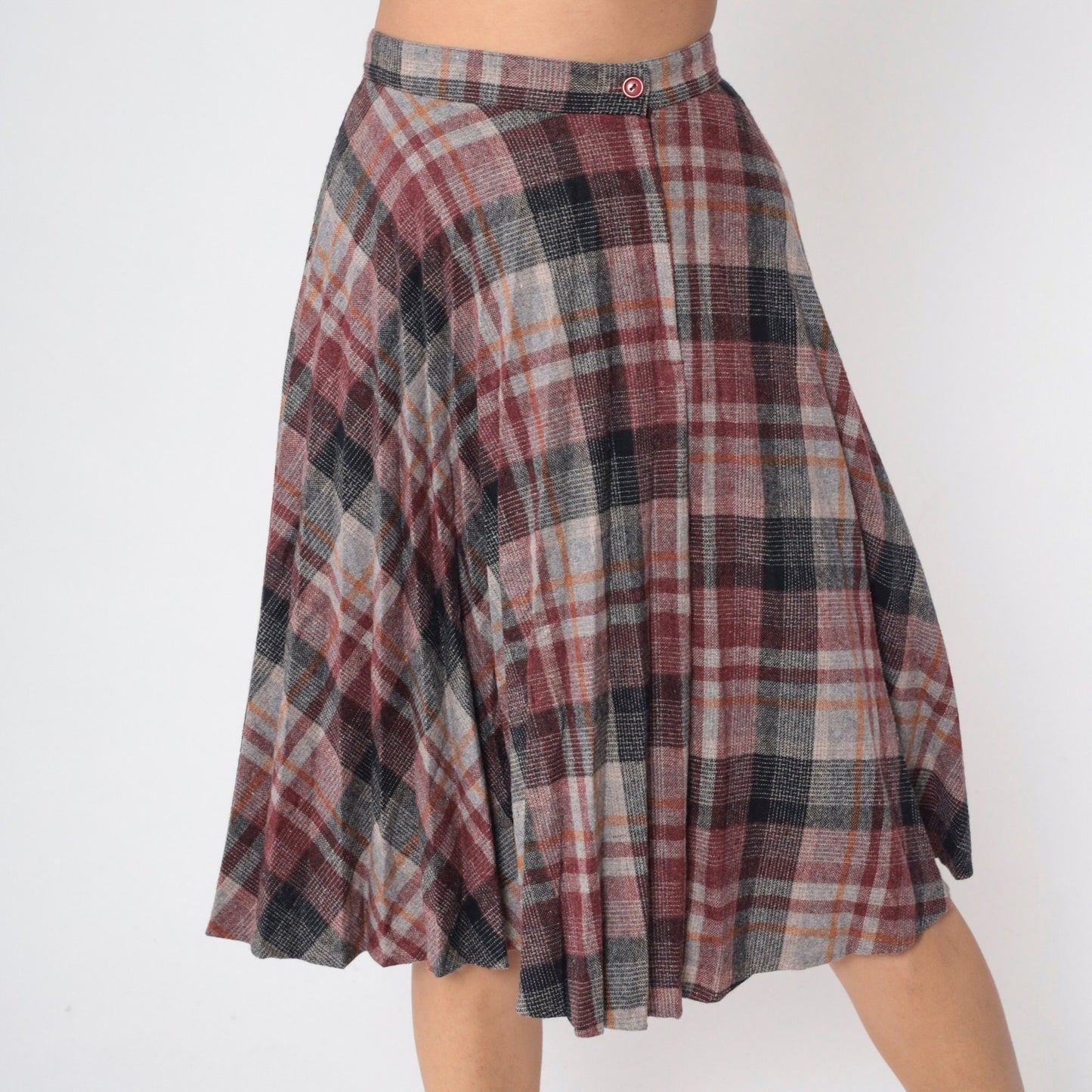 80s Plaid Wool Blend Pleated Skirt High Waist Knee Length Red Grey Small