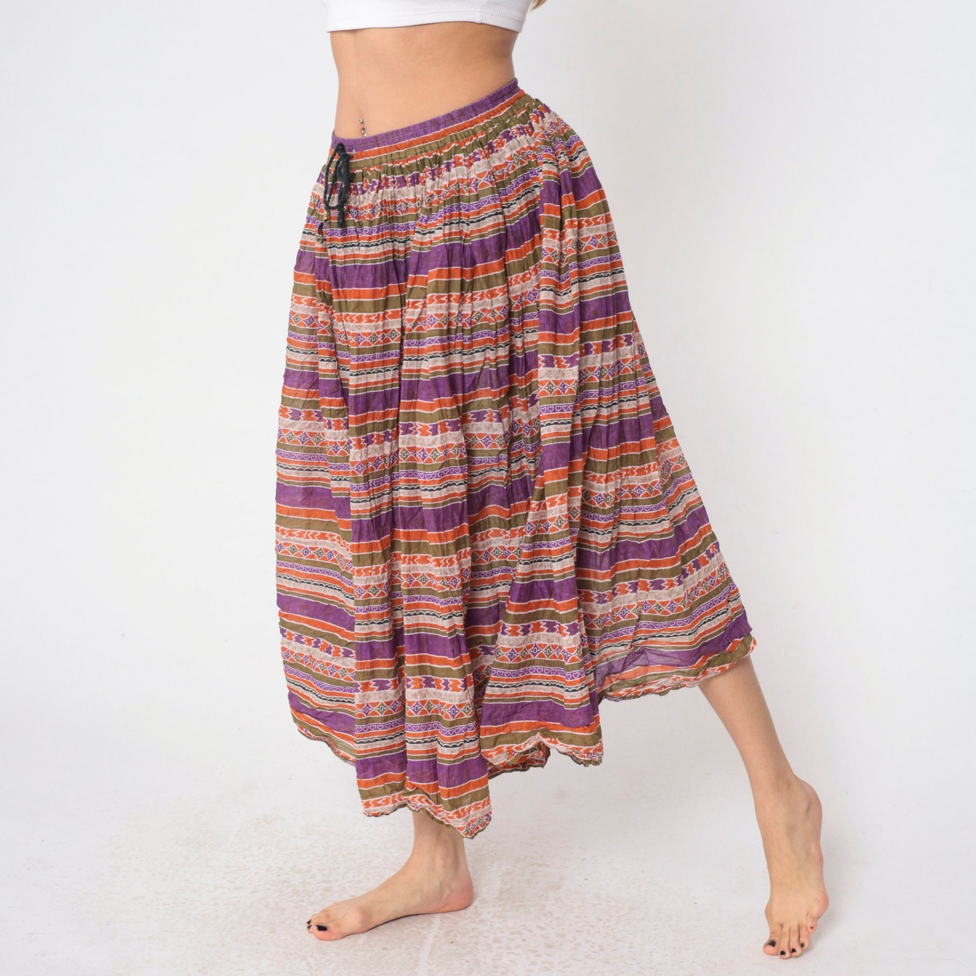 90s Capezio Geometric Striped Broomstick Midi Skirt Drawstring Purple Small