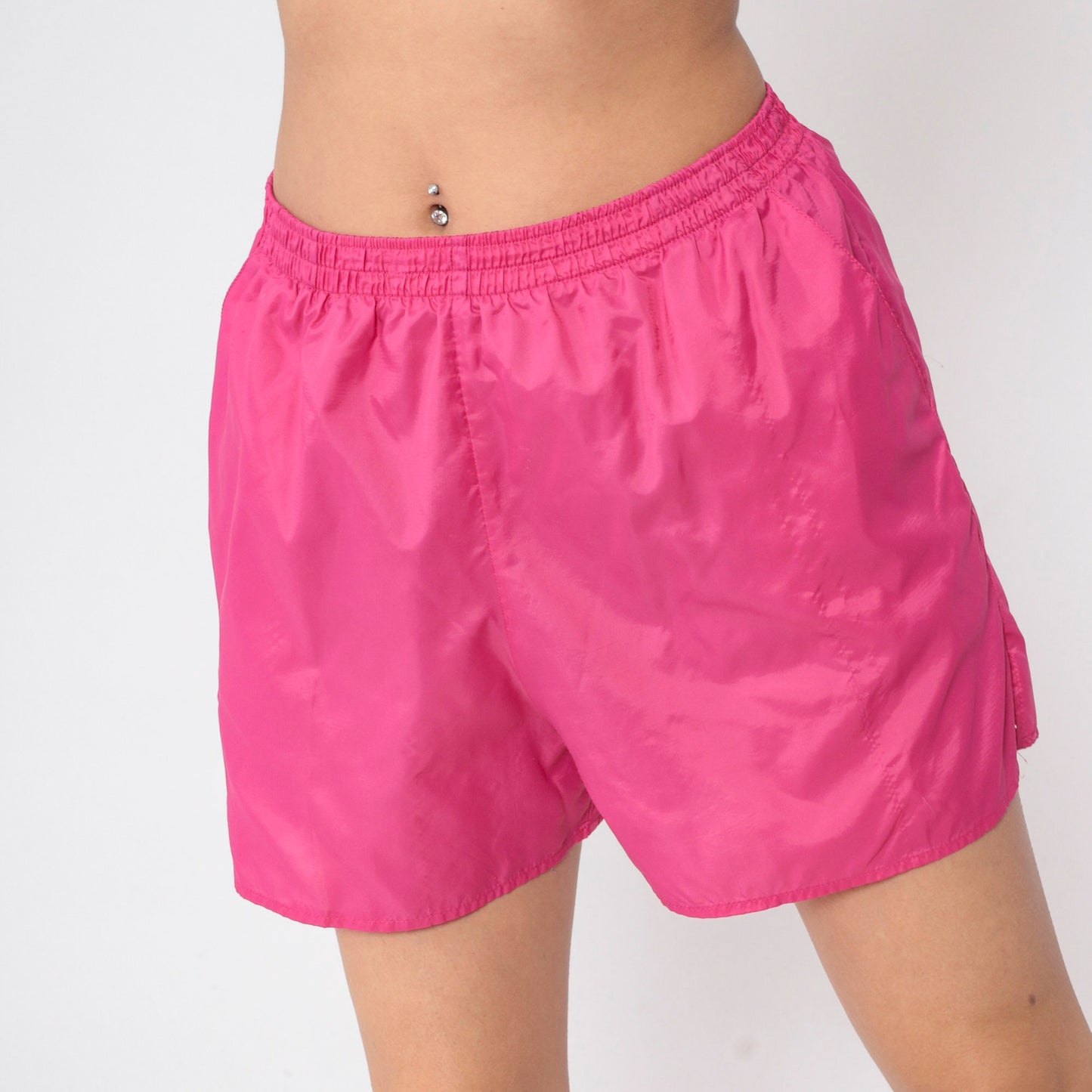 90s Hot Pink Nylon Gym Shorts High Waist Elastic Waist Small Medium