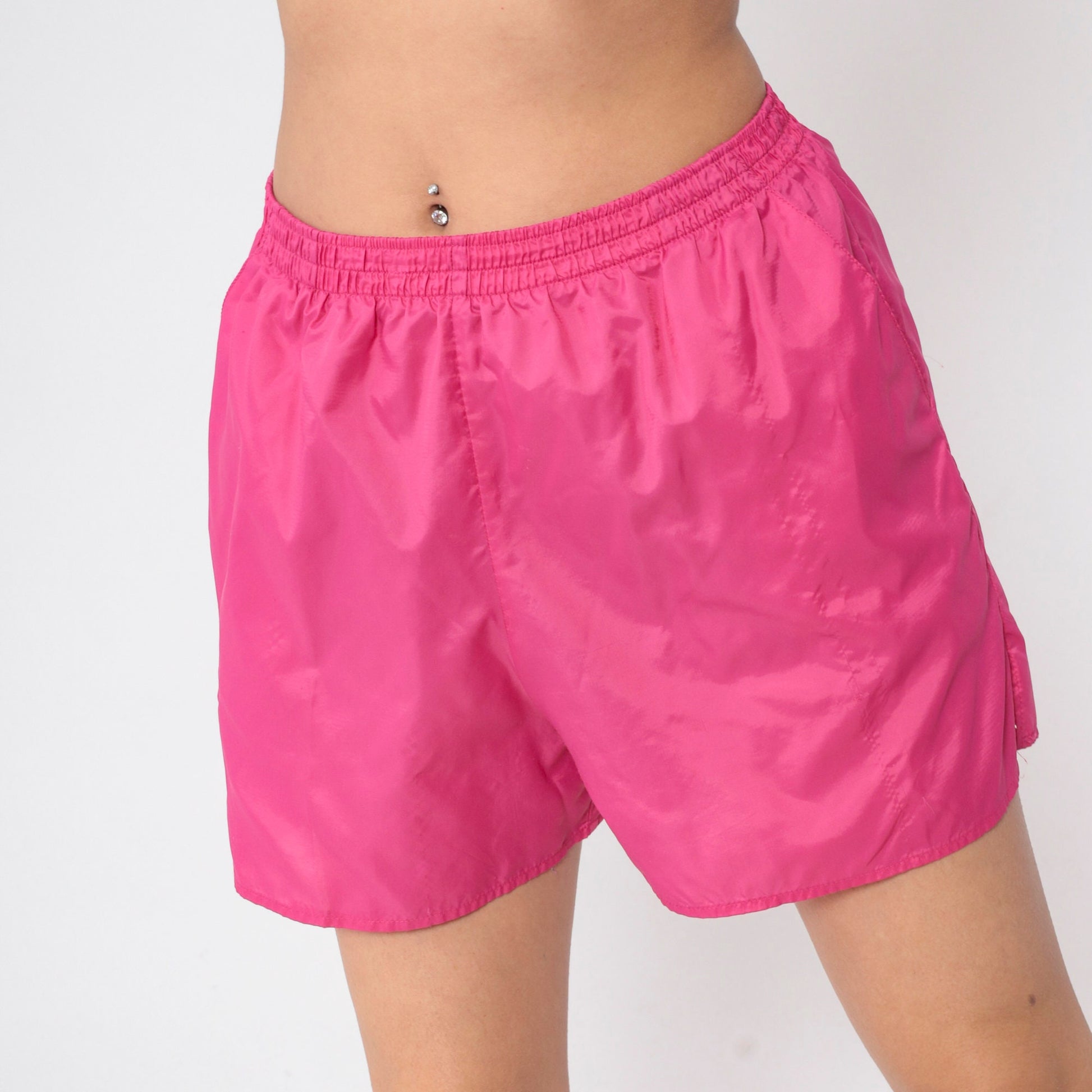 90s Hot Pink Nylon Gym Shorts High Waist Elastic Waist Small Medium