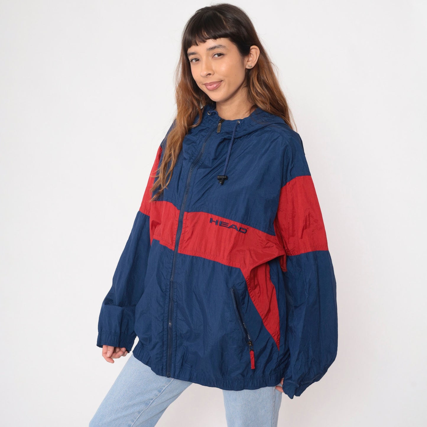 90s Head Hooded Windbreaker Navy Blue Red Color Block Large