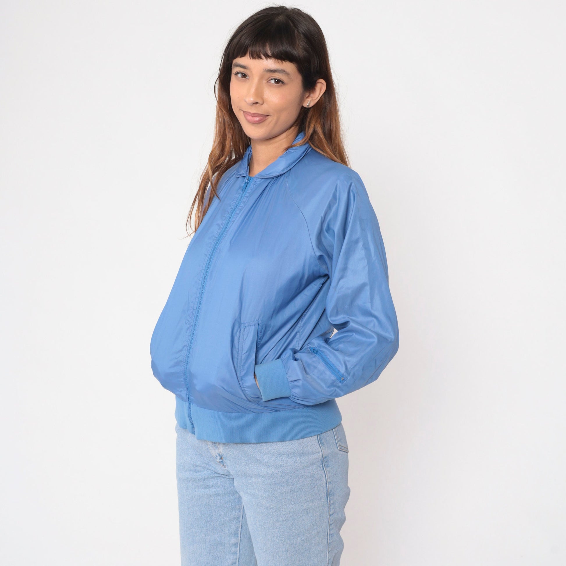 80s Blue Nylon Windbreaker Jacket Raglan Sleeve Zip-Up Medium