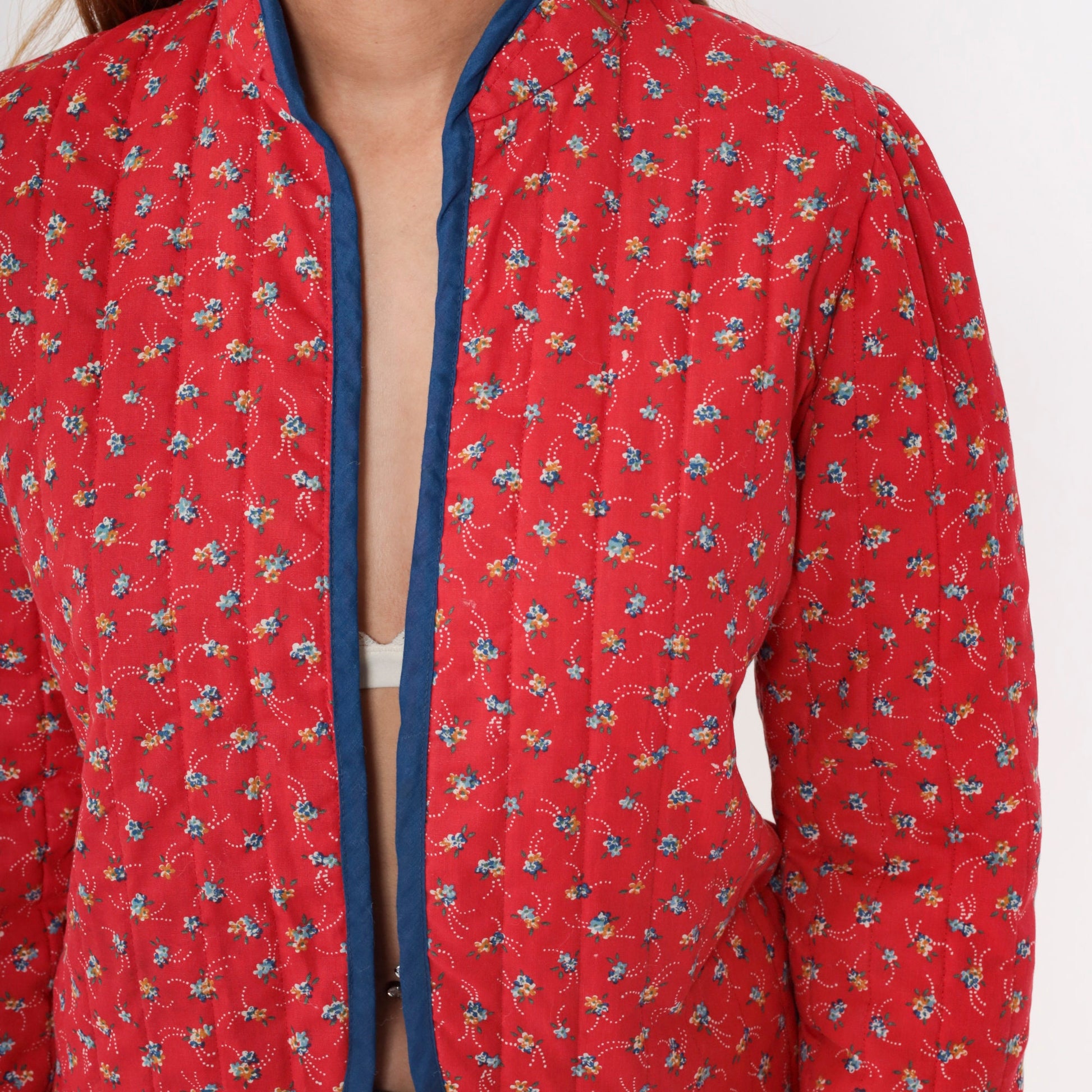 70s Fritzi Quilted Jacket Red Calico Floral Puff Sleeve Mandarin Collar Medium