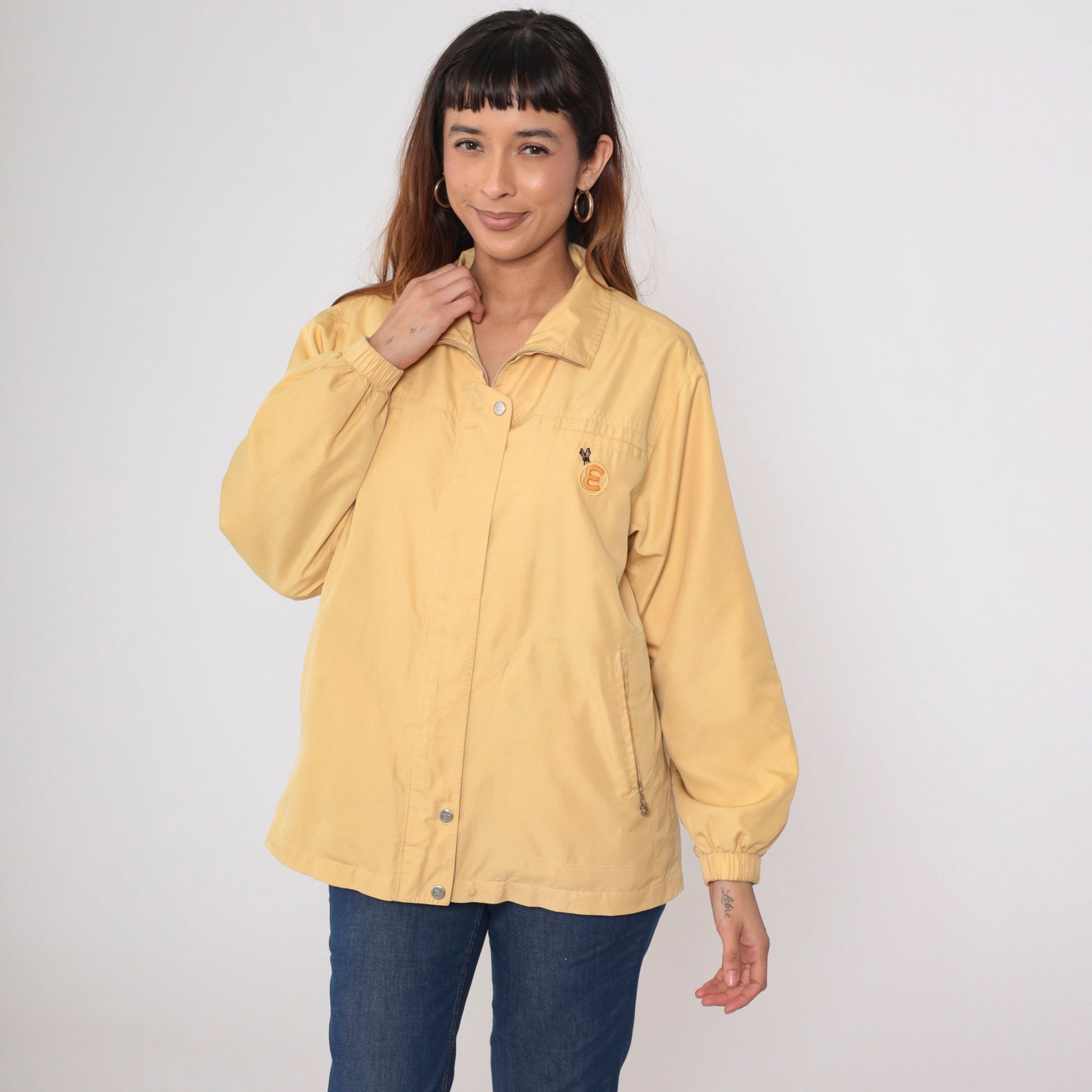90s Yellow Windbreaker Jacket E Patch Zip Up Large