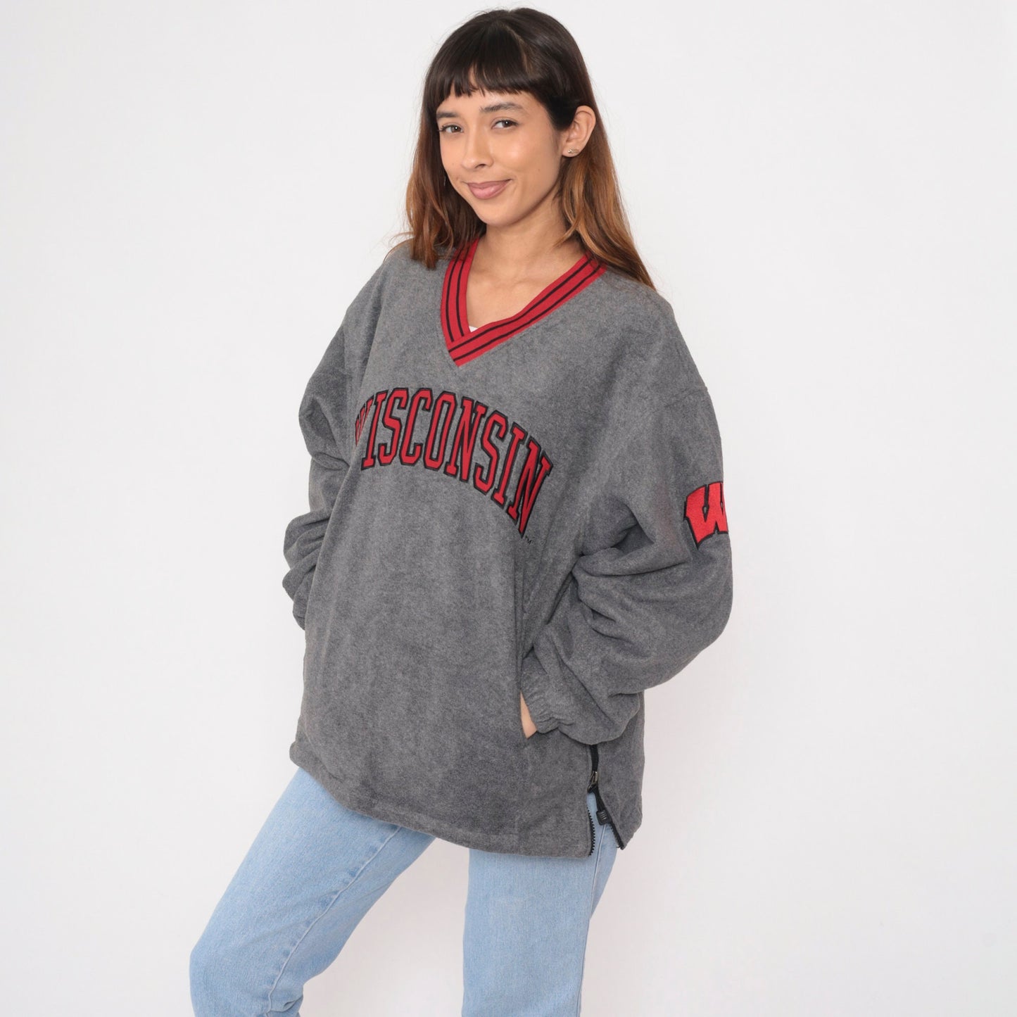 90s Wisconsin Badgers Grey Fleece Windbreaker Pullover V-Neck Medium