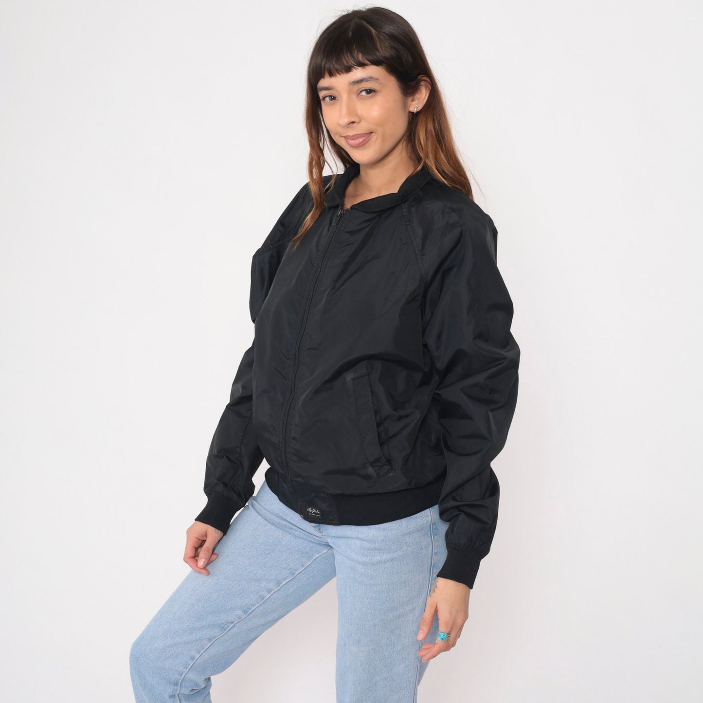 80s Larry Mahan Black Windbreaker Jacket Raglan Sleeve Medium