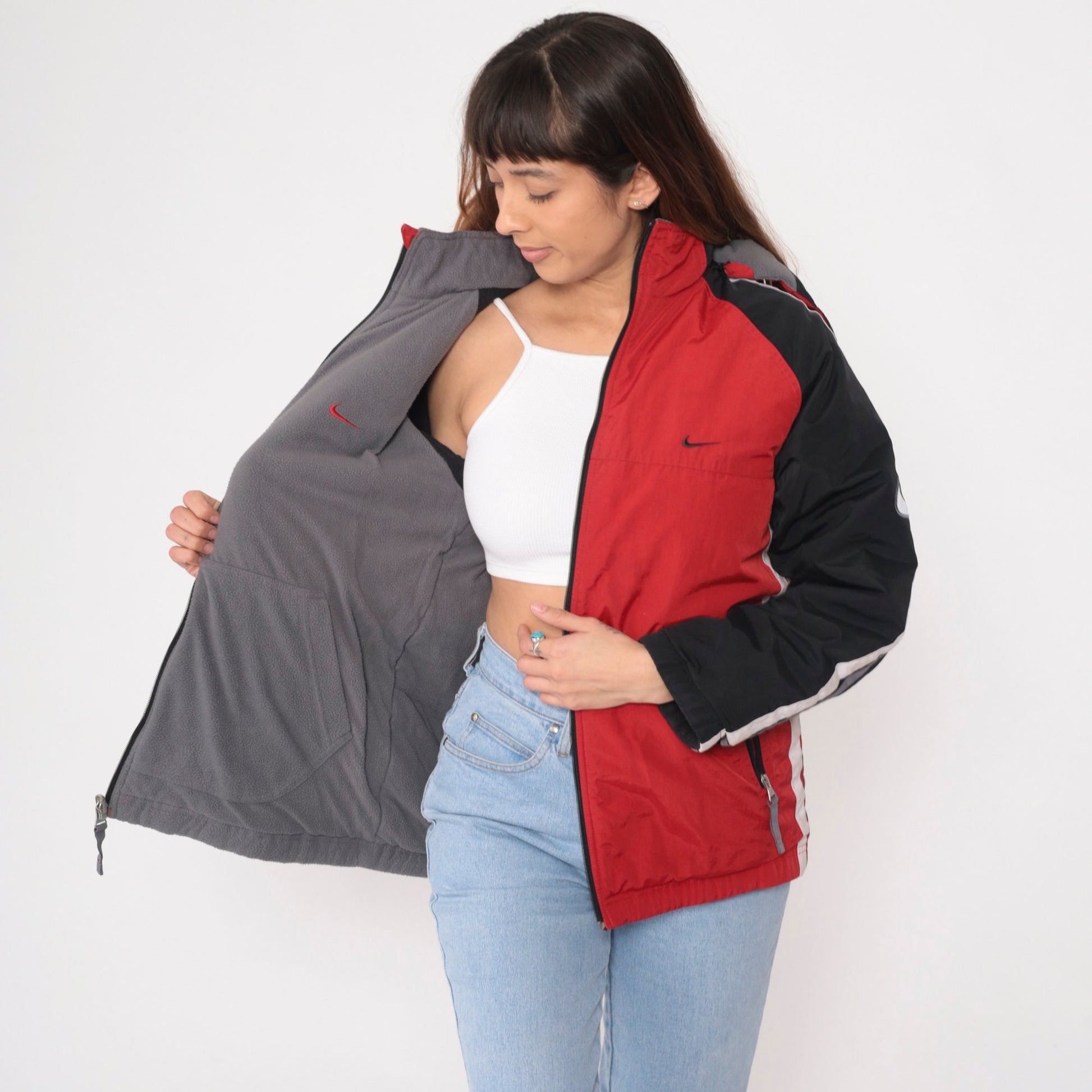 00s Nike Reversible Hooded Windbreaker Jacket Red Grey Nylon Fleece Extra Large