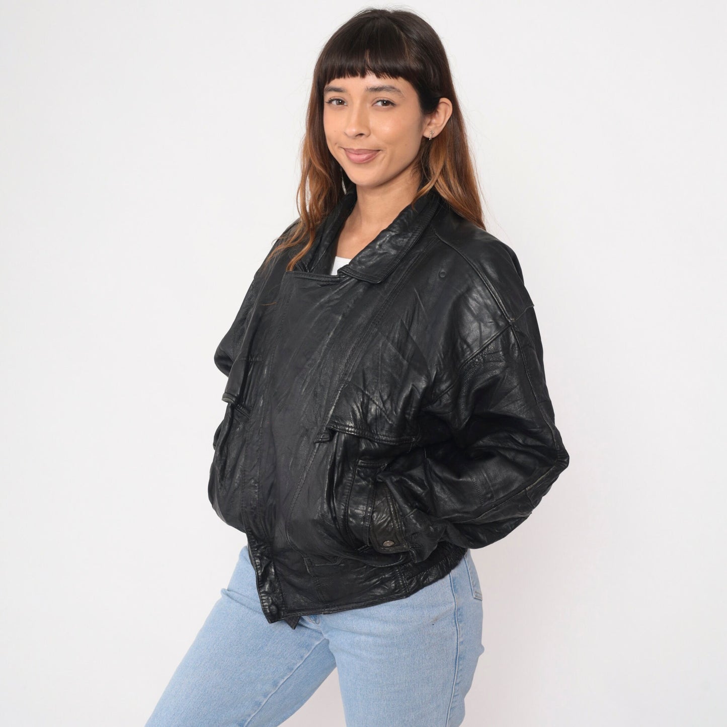 90s Black Leather Motorcycle Jacket Asymmetrical Moto Biker Small