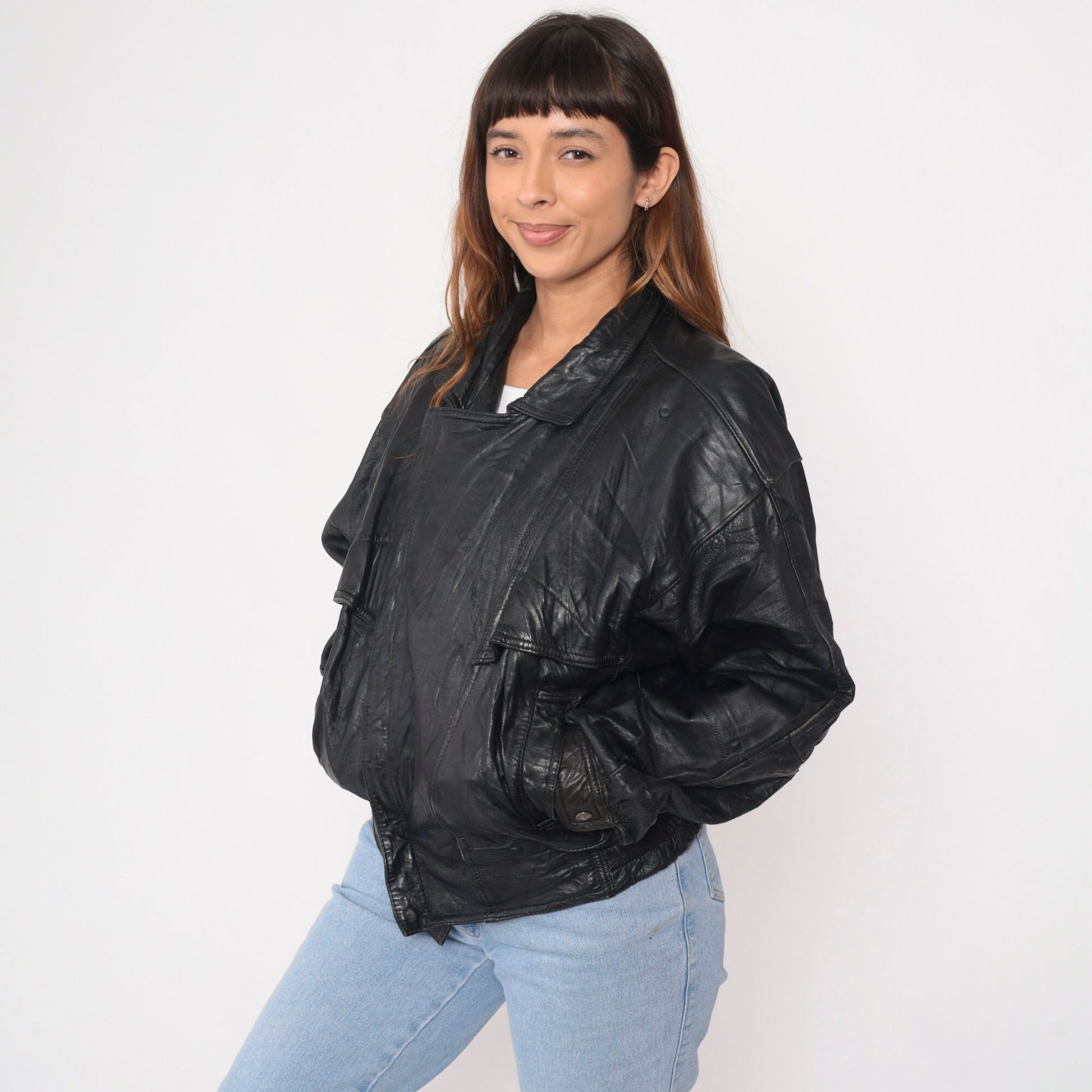 90s Black Leather Motorcycle Jacket Asymmetrical Moto Biker Small