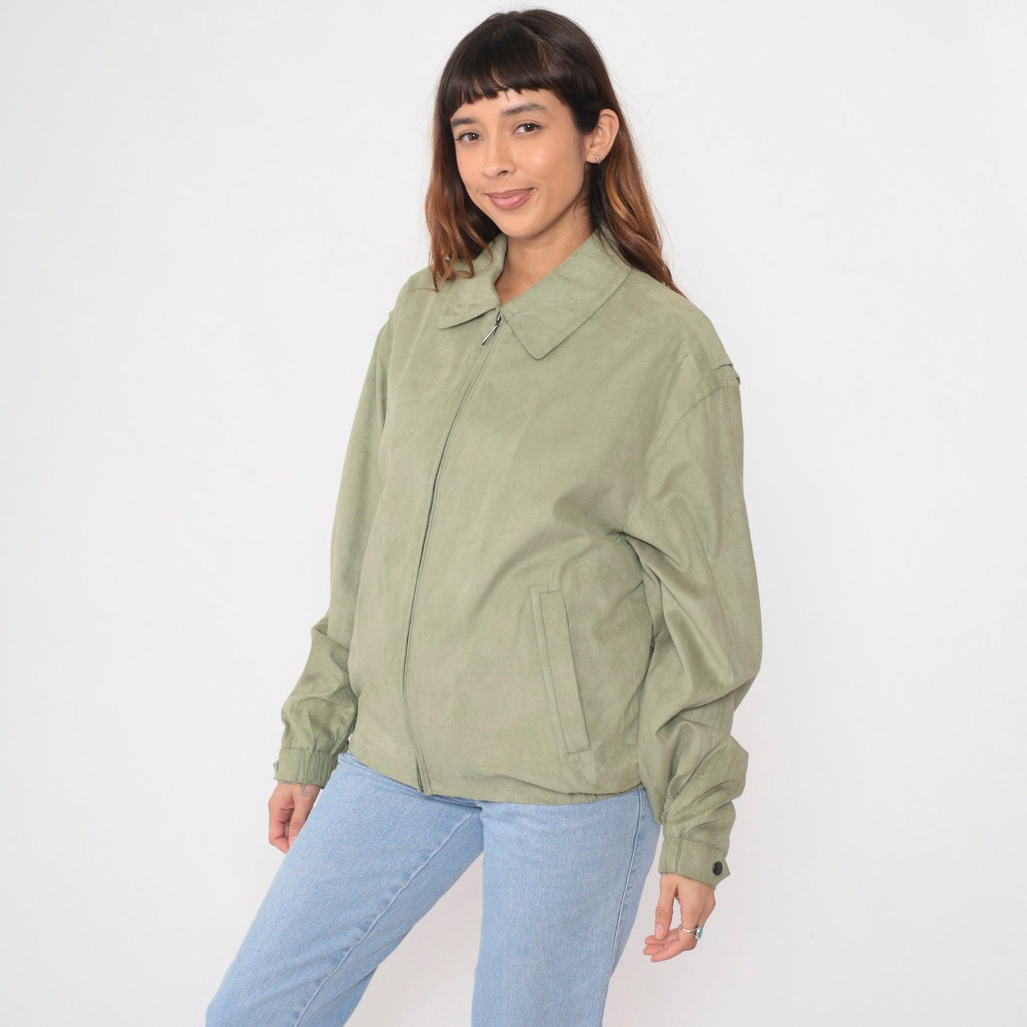 90s Newport Harbor Faux Suede Zip Jacket Light Green Collared Windbreaker Extra Large XXL