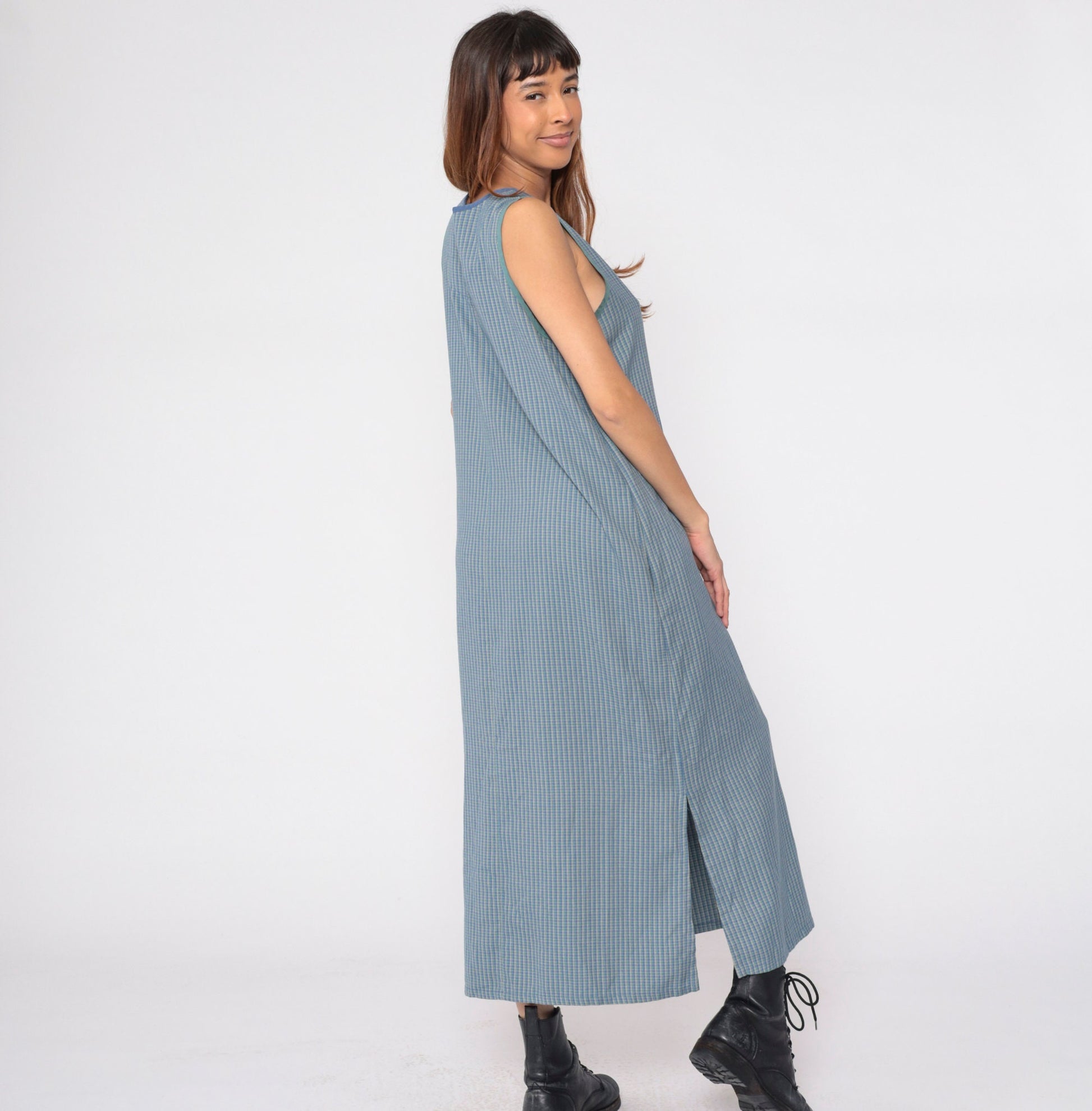 90s Blue Checkered Maxi Dress Embroidered Autumn Tree Sleeveless Pockets Large L