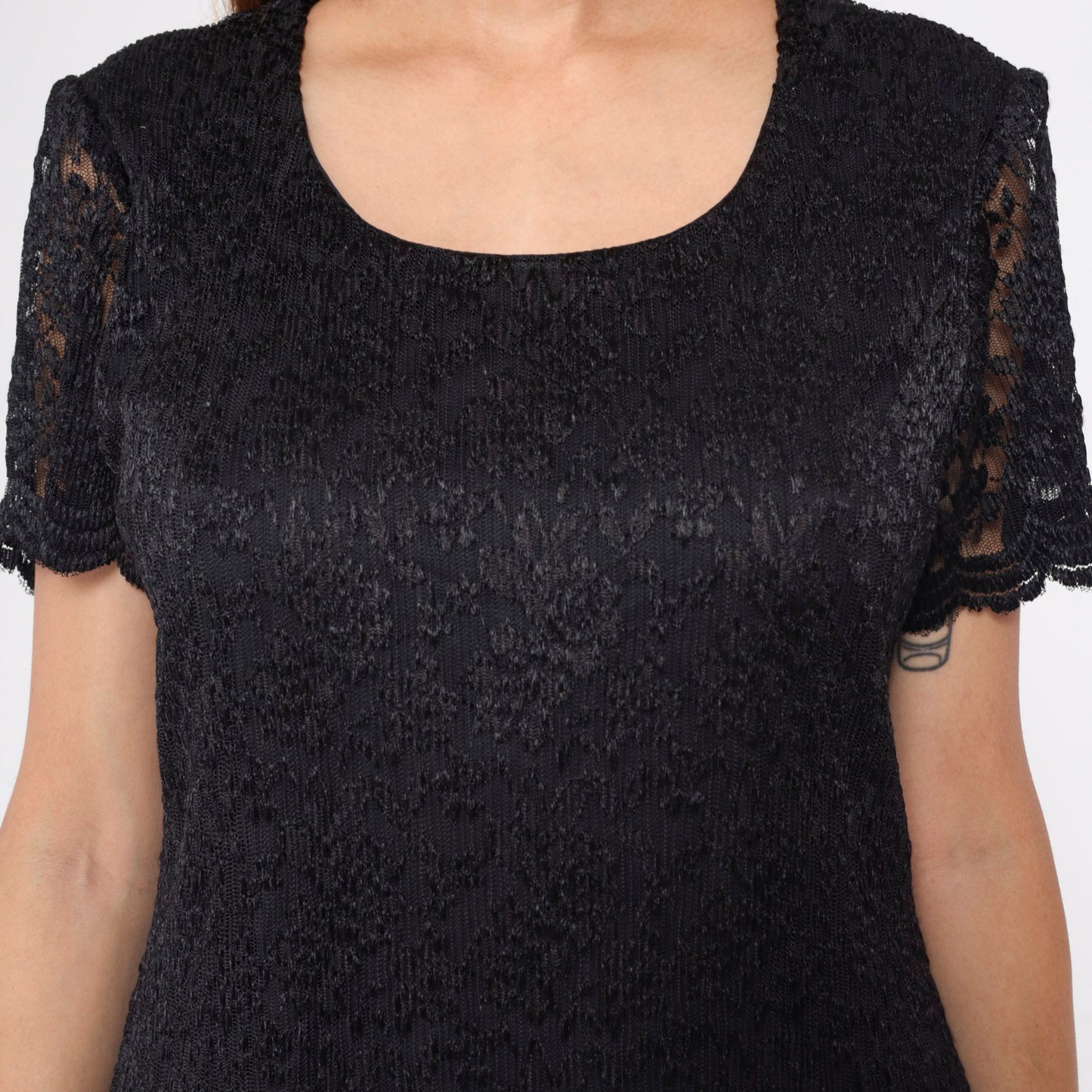 90s Helen Blake Black Lace Floral Midi Dress Scoop Neck Short Sleeve Medium