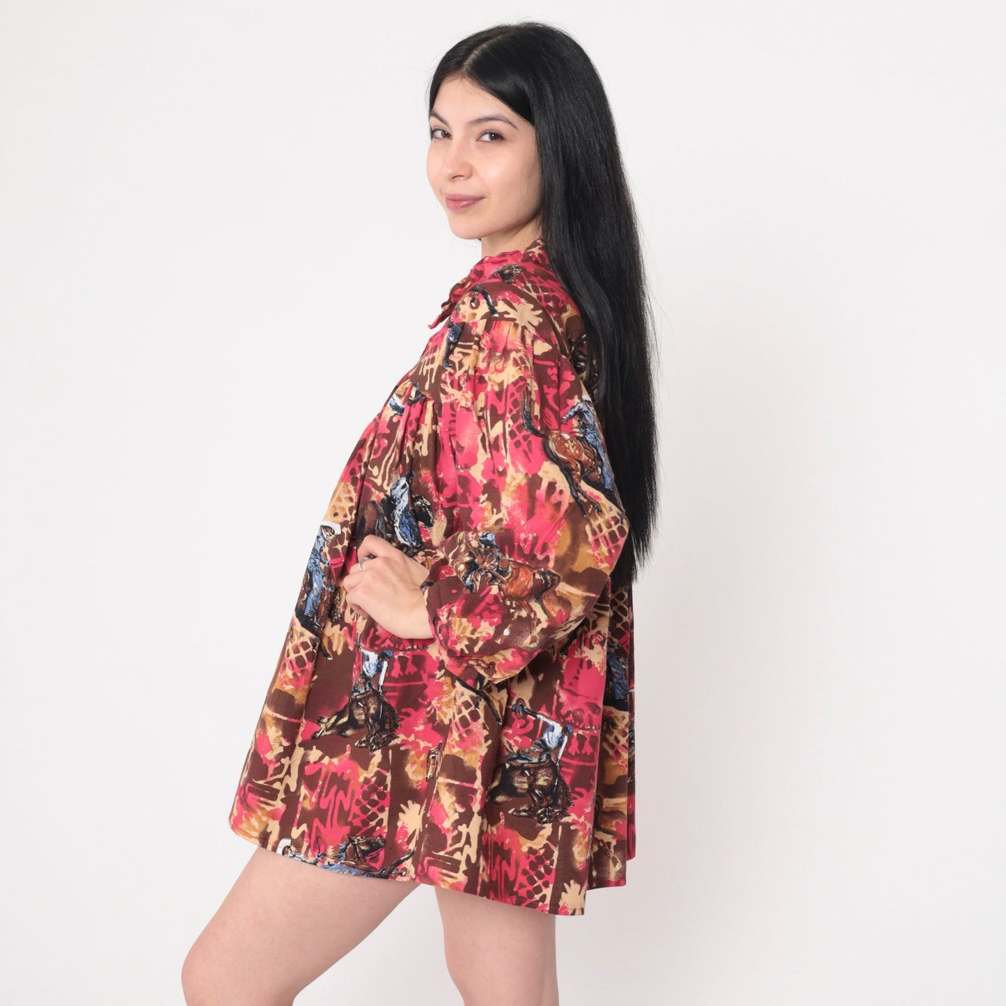 70s Rodeo Print Balloon Sleeve Blouse Red Tent Cut Slit Neckline Large L