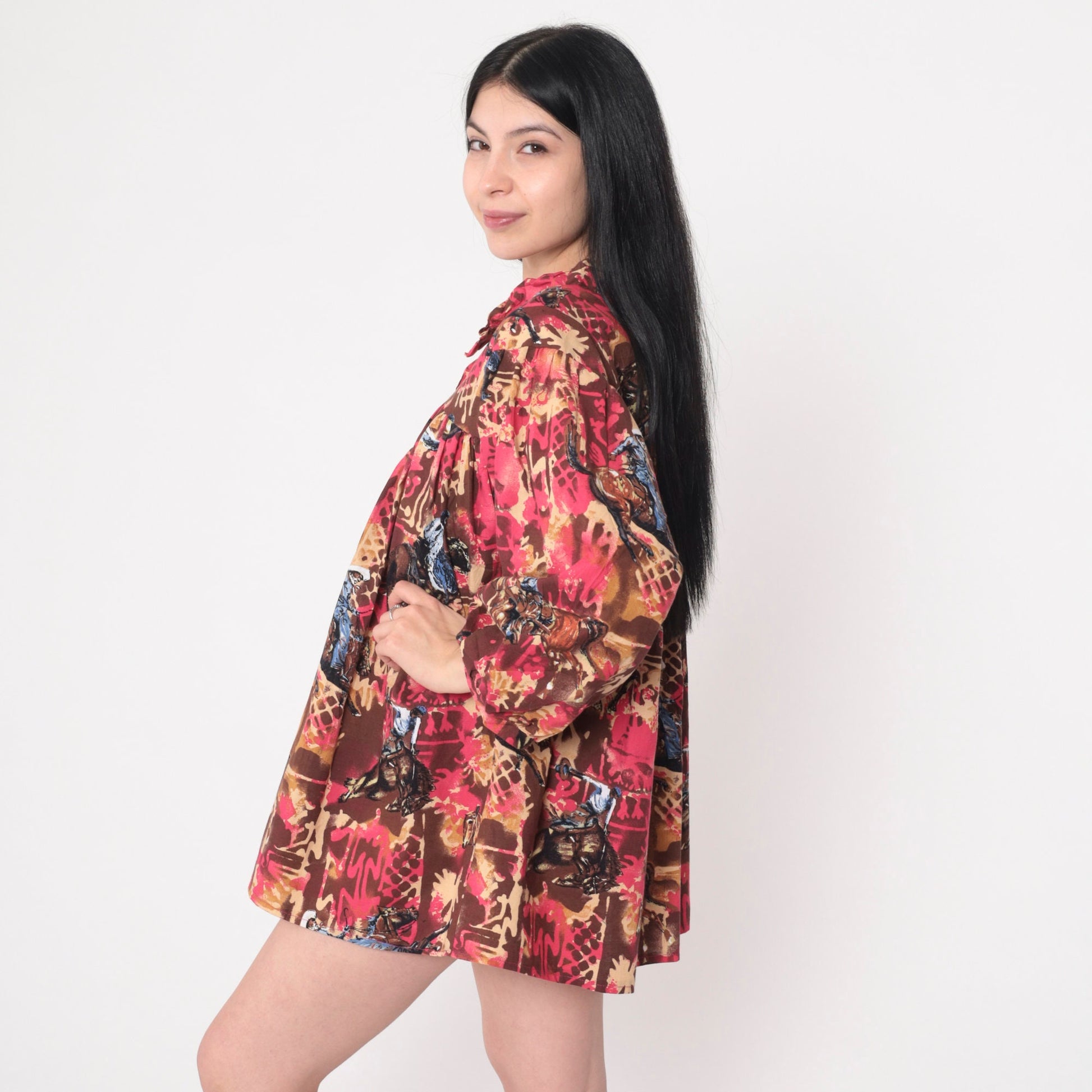 70s Rodeo Print Balloon Sleeve Blouse Red Tent Cut Slit Neckline Large L