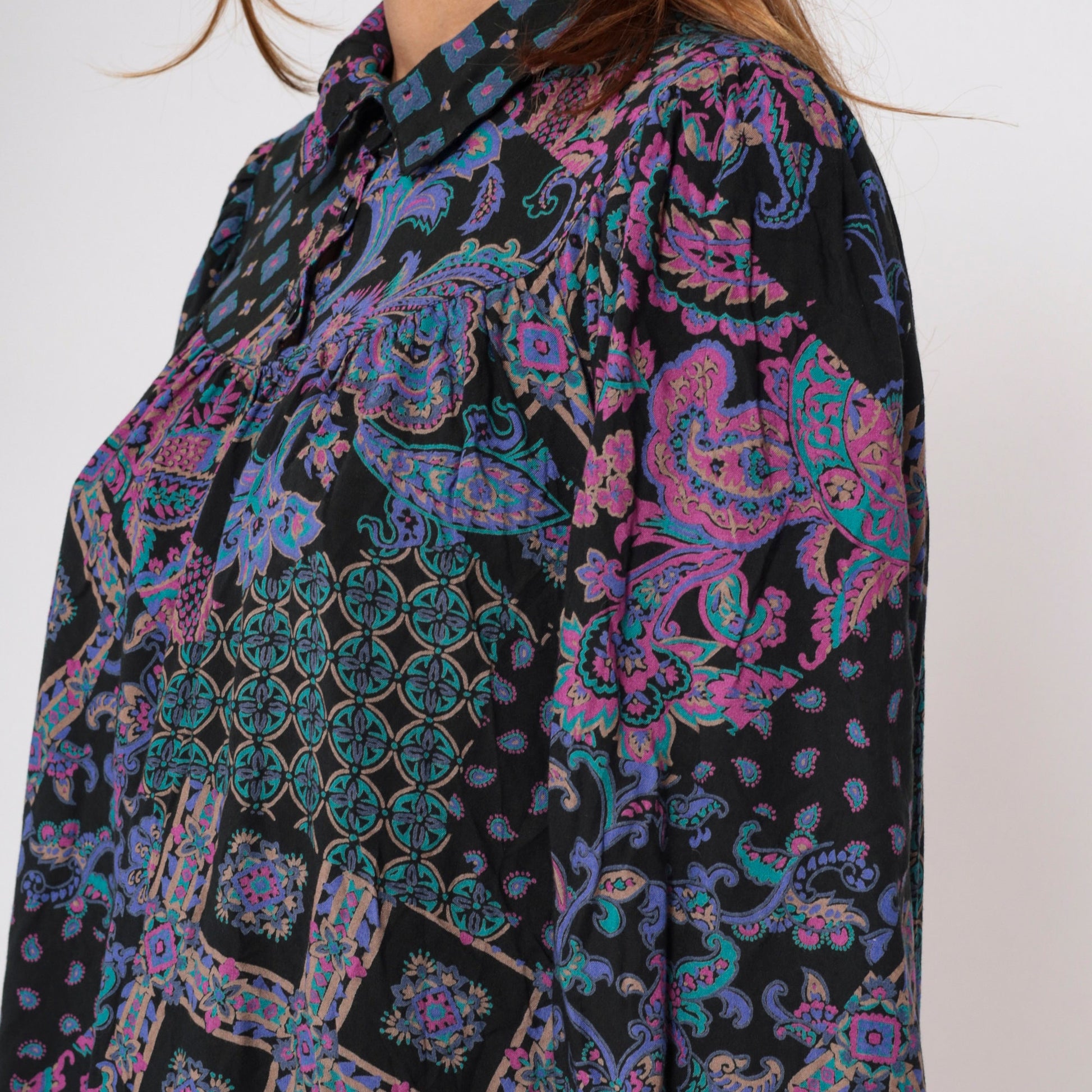 90s Black Abstract Floral Paisley Tunic Mini Dress Puff Sleeve Collared Medium Large