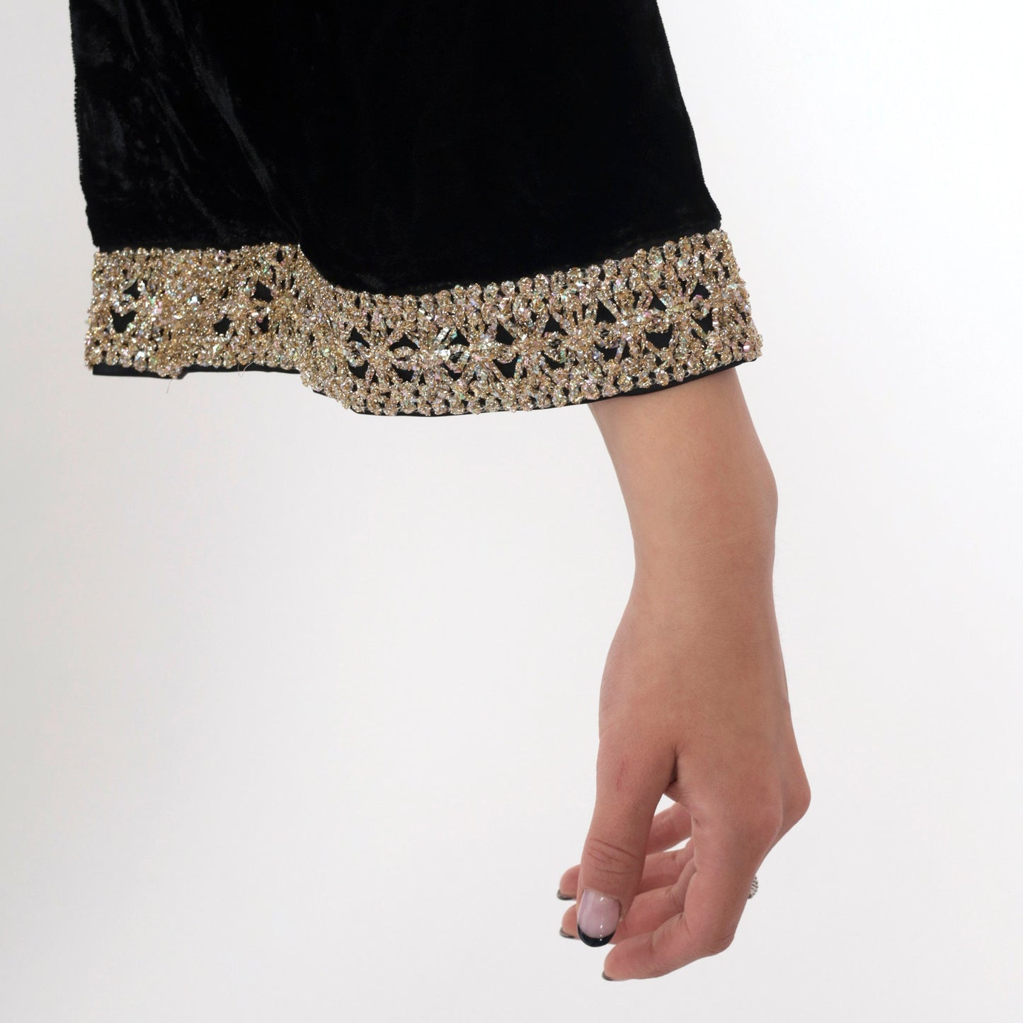 60s Black Velvet Mini Dress Metallic Bell Sleeve Shift Square Neckline Small