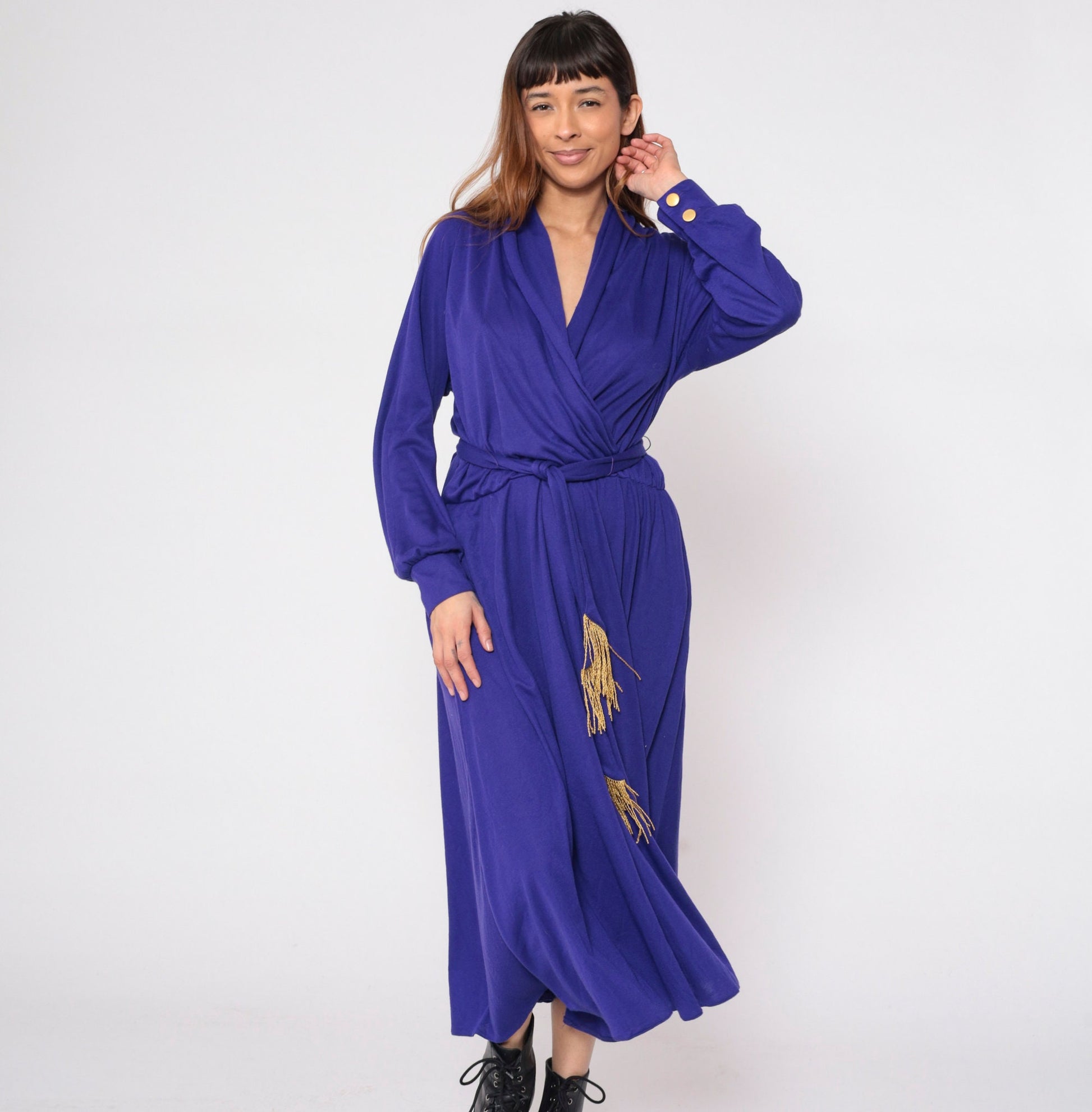 Y2K Purple Wrap Maxi Dress Gold Tassel Long Sleeve Draped Ankle Length Large L