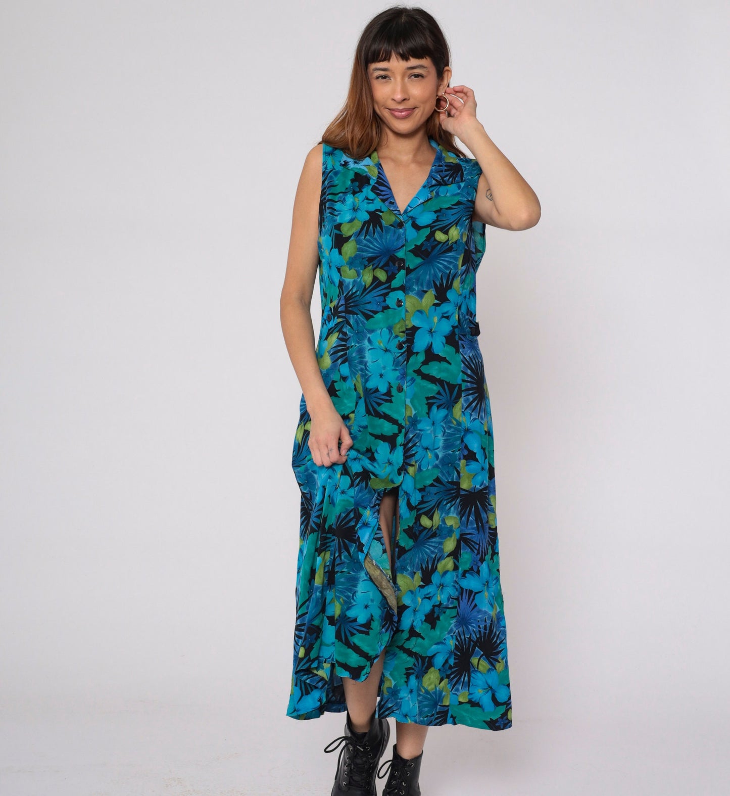 90s Tropical Floral Midi Dress Blue Hibiscus Leaf Print Collared Sleeveless Large