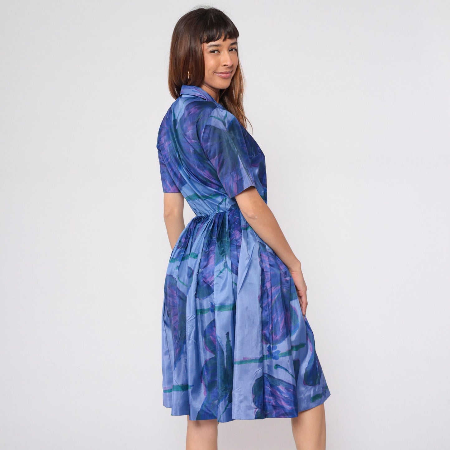 60s Butterfly Print Shirtwaist Dress Purple Blue Knee-Length Small