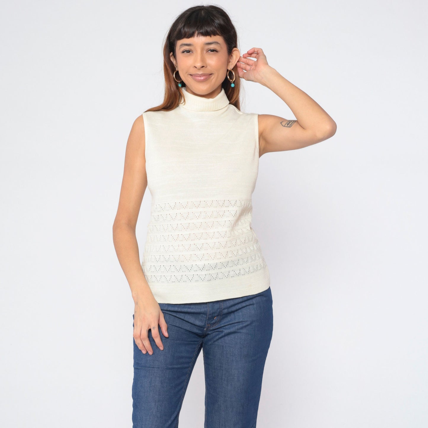 70s Cream Pointelle Knit Tank Top Mock Neck Cutout Sleeveless Small S