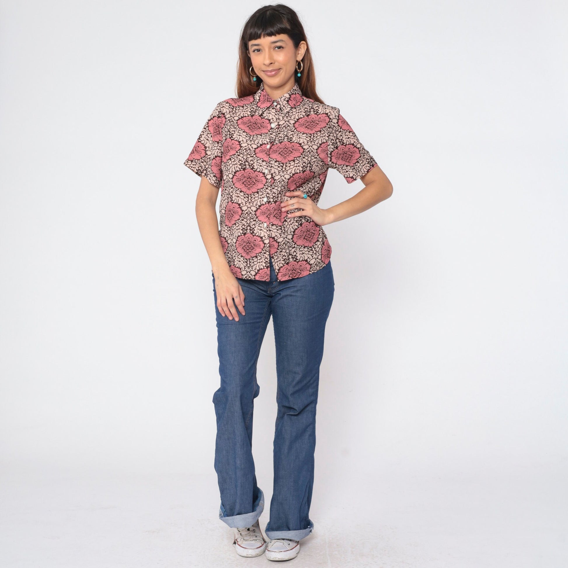 90s Floral Button-Up Blouse Brown Pink Cream Flower Print Short Sleeve Medium