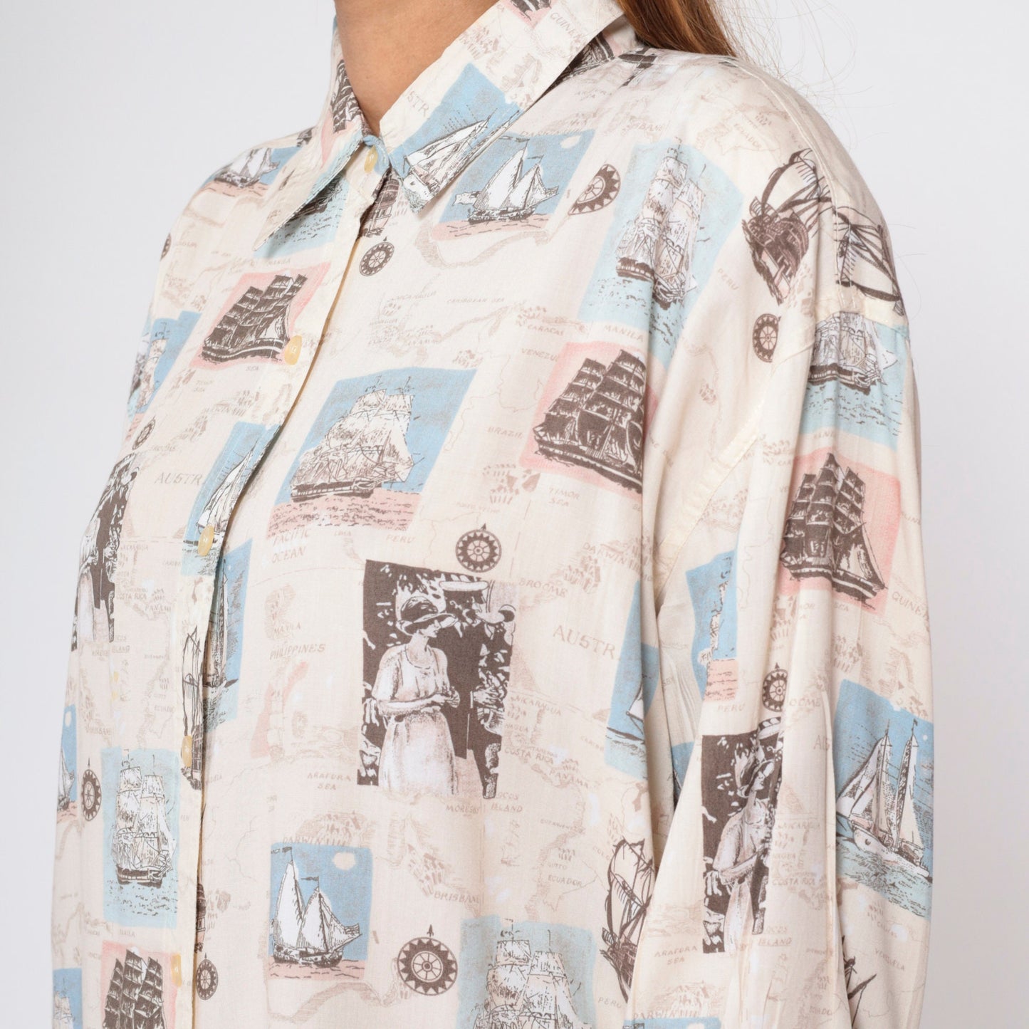 90s Bill Blass Nautical Print Button-Up Blouse Sailboat Compass Long Sleeve Large