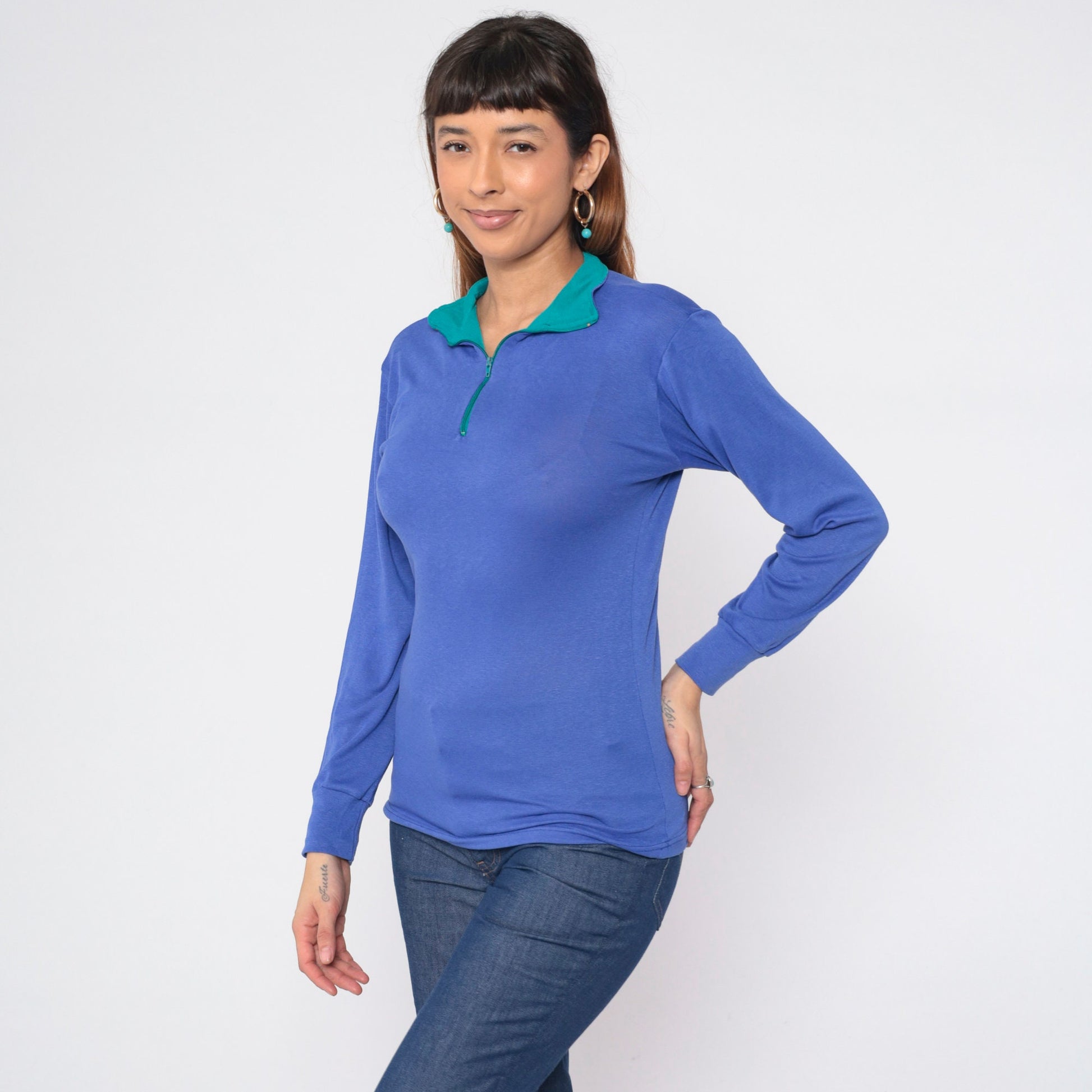 90s REI Quarter Zip Long Sleeve Shirt Blue Green Collar Small Medium