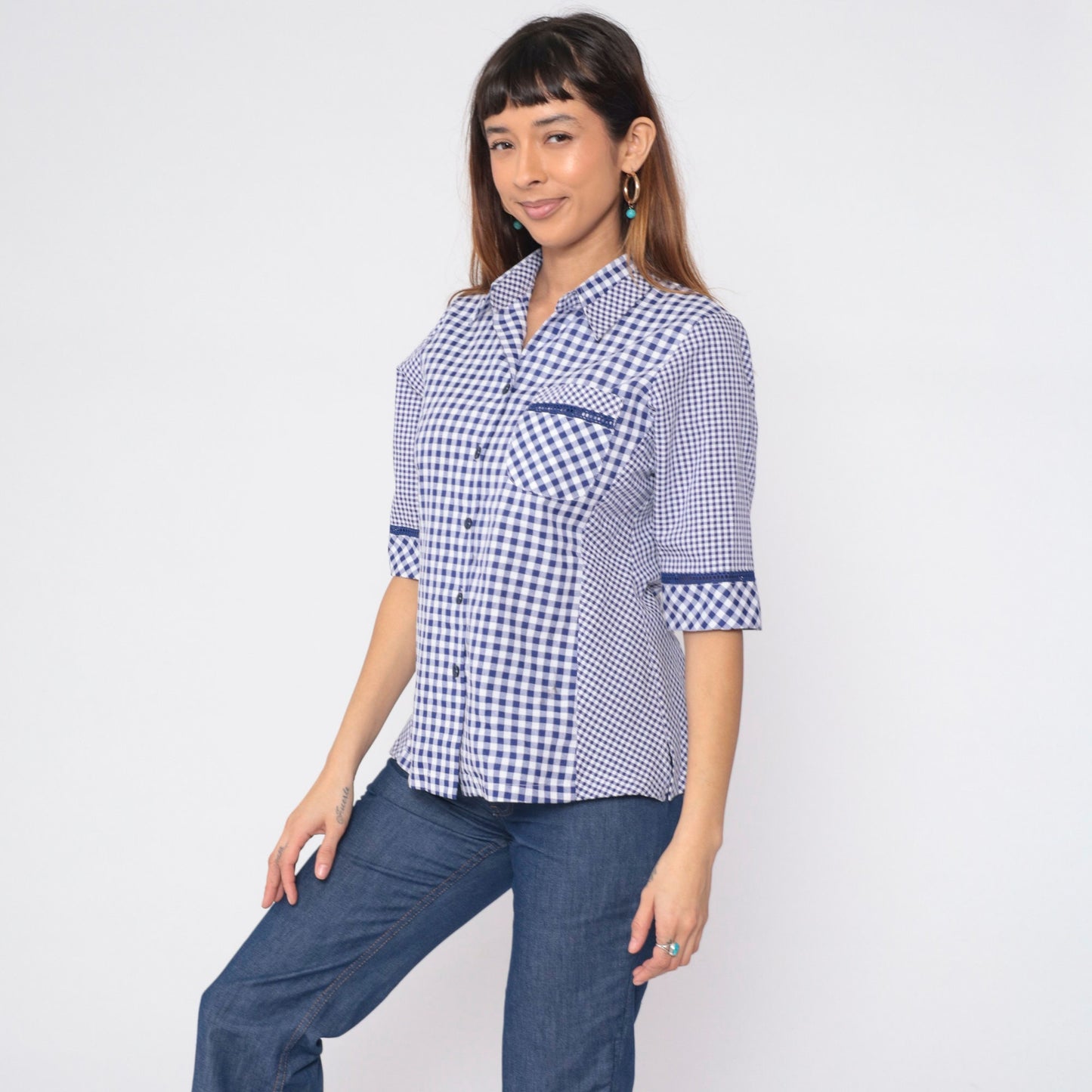 90s Blue White Gingham Button-Up Blouse Half Sleeve Collared Shirt Medium
