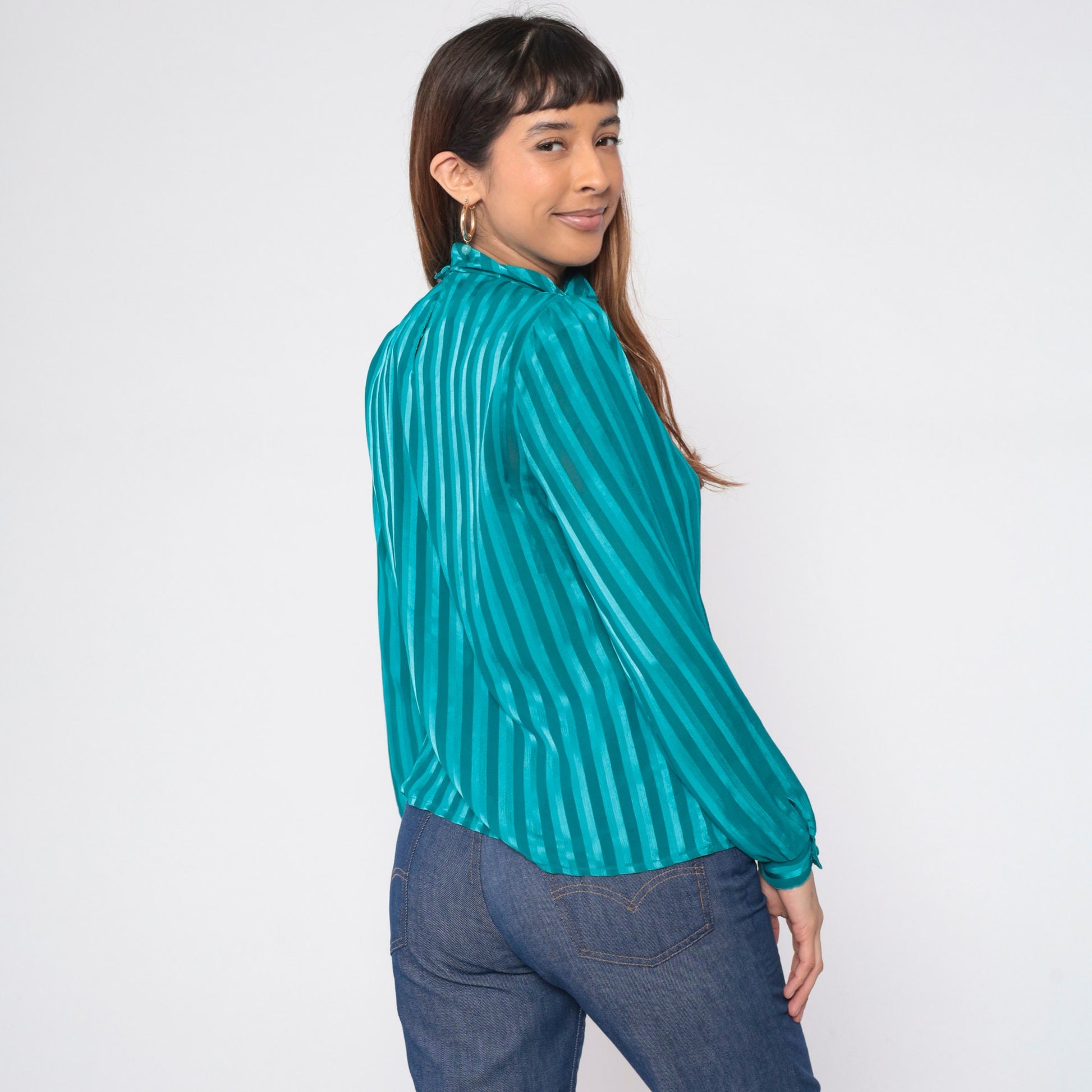 90s Lillian Lawrence Striped Blouse Teal Puff Sleeve Mock Neck Medium M
