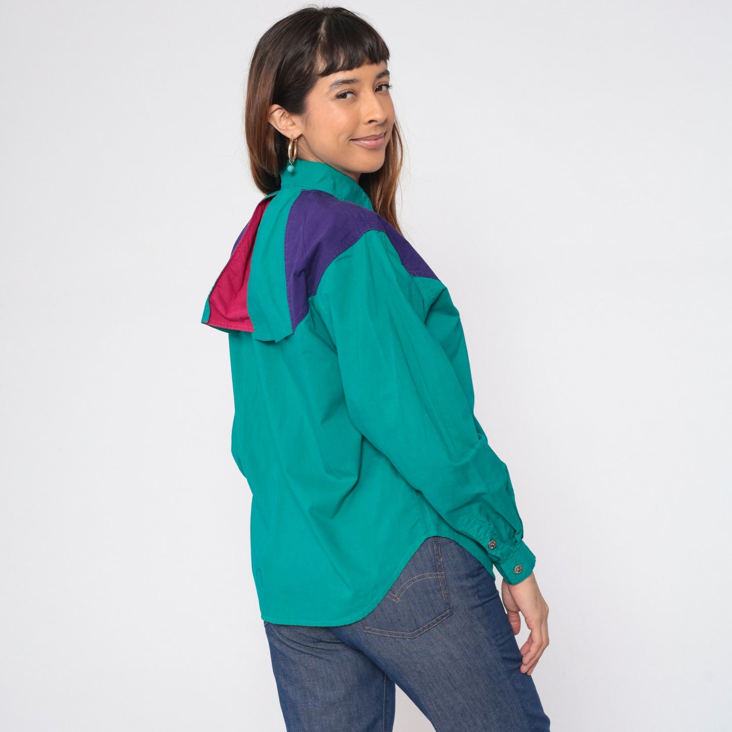 90s Dakota Rodeo Western Blouse Teal Colorblock Yoke Capelet Medium